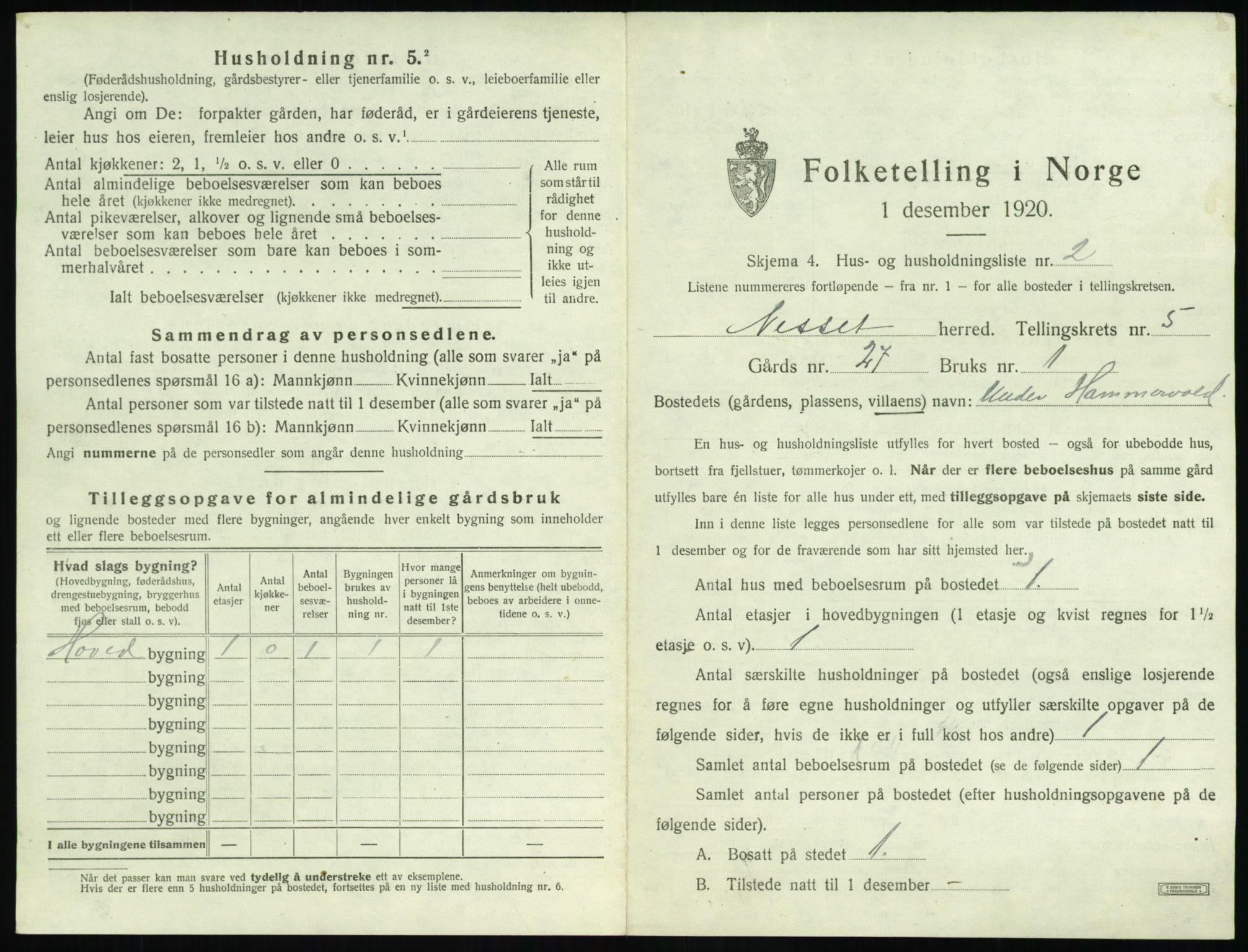 SAT, 1920 census for Nesset, 1920, p. 316