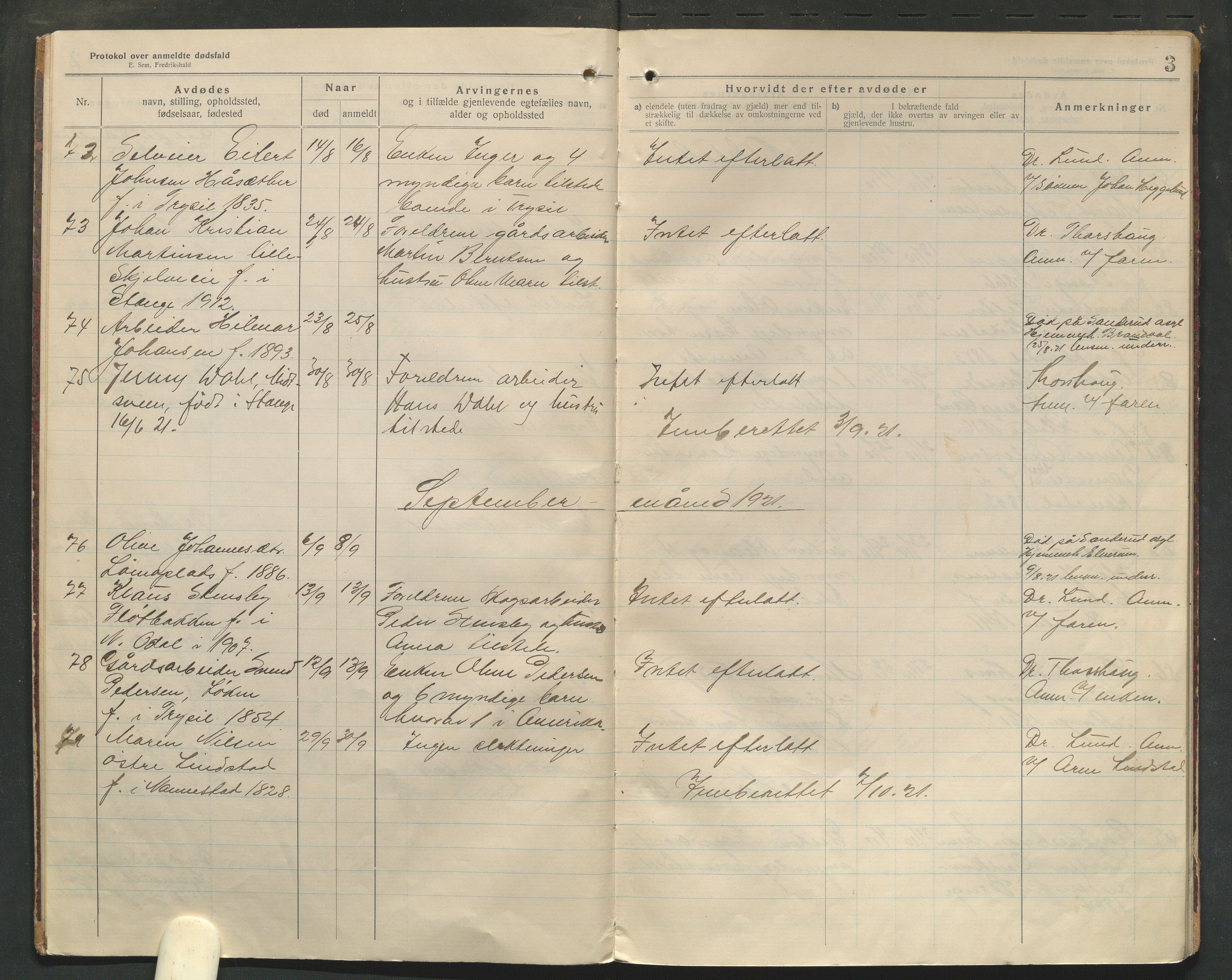 Stange lensmannskontor, AV/SAH-LHS-020/H/Ha/Haa/L0001/0004: Dødsfallsprotokoller / Dødsfallsprotokoll, 1921-1925, p. 3