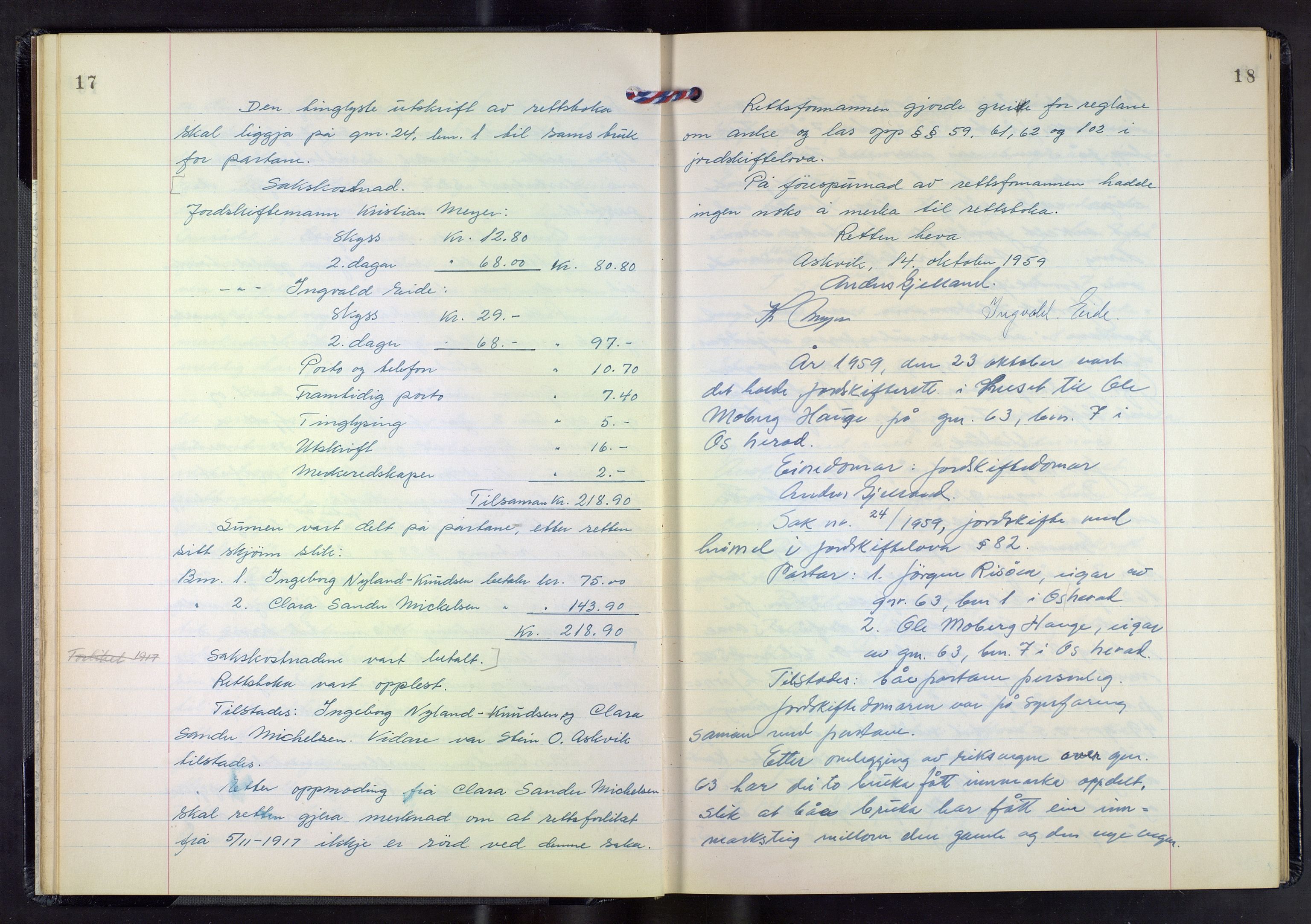 Hordaland jordskiftedøme - III Midhordland jordskiftedistrikt, AV/SAB-A-7001/A/Aa/L0033: Forhandlingsprotokoll, 1959-1962, p. 17-18