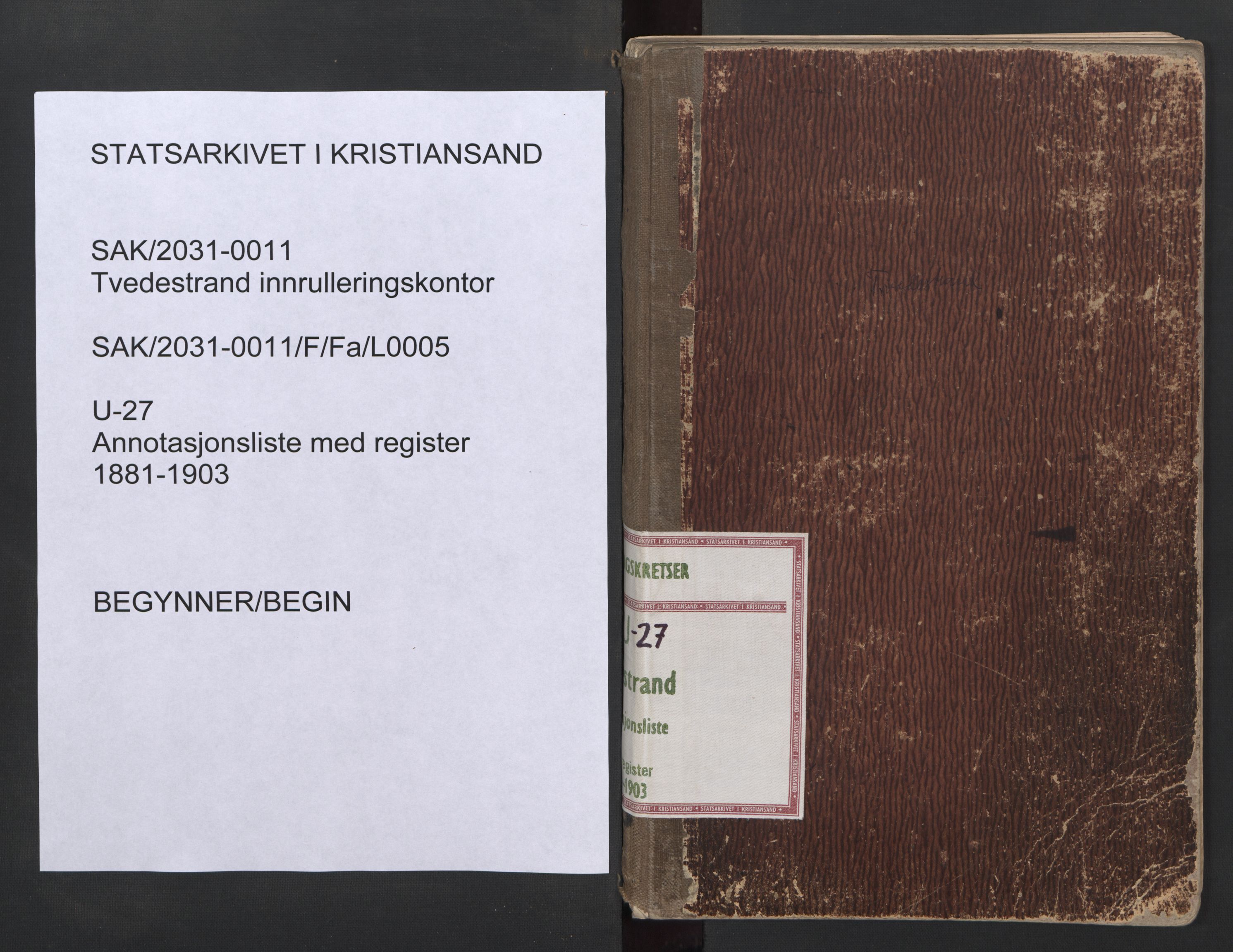 Tvedestrand mønstringskrets, SAK/2031-0011/F/Fa/L0005: Annotasjonsliste med register, U-27, 1881-1903, p. 1