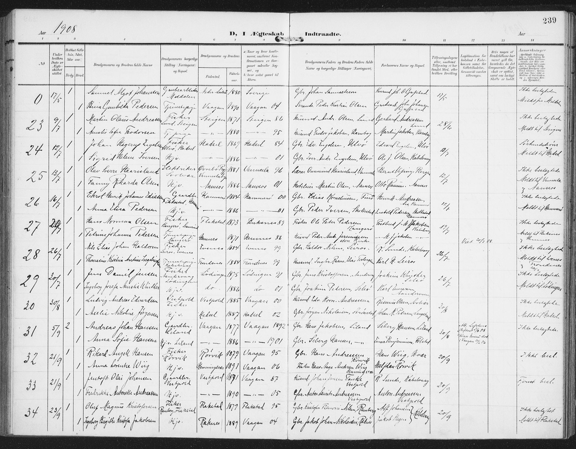 Ministerialprotokoller, klokkerbøker og fødselsregistre - Nordland, AV/SAT-A-1459/874/L1063: Parish register (official) no. 874A07, 1907-1915, p. 239