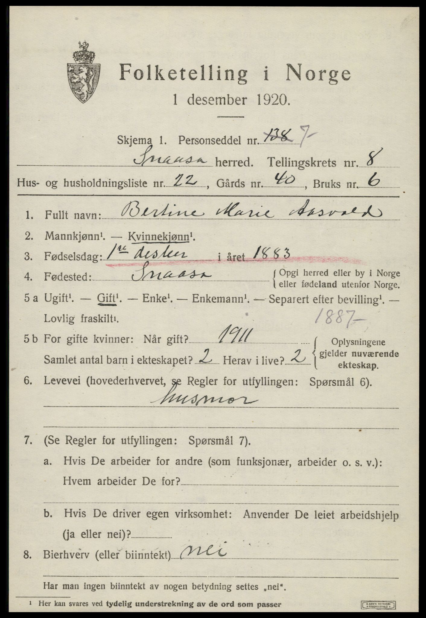 SAT, 1920 census for Snåsa, 1920, p. 3444