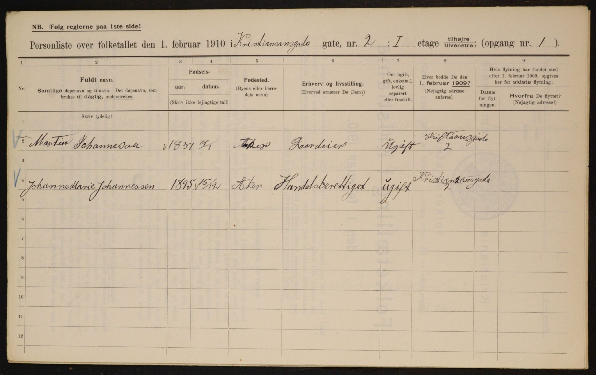 OBA, Municipal Census 1910 for Kristiania, 1910, p. 52640