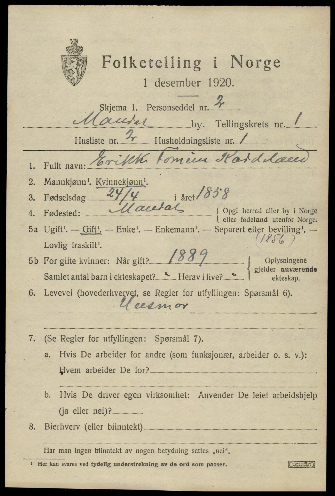 SAK, 1920 census for Mandal, 1920, p. 3275