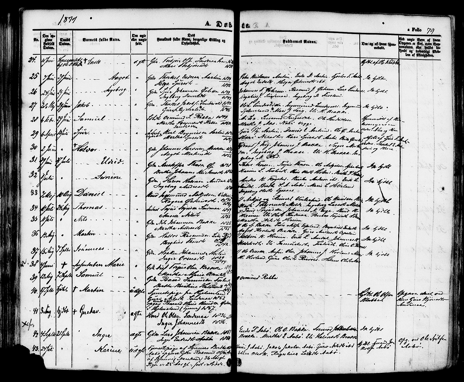 Sand sokneprestkontor, AV/SAST-A-101848/01/III/L0004: Parish register (official) no. A 4, 1859-1880, p. 79