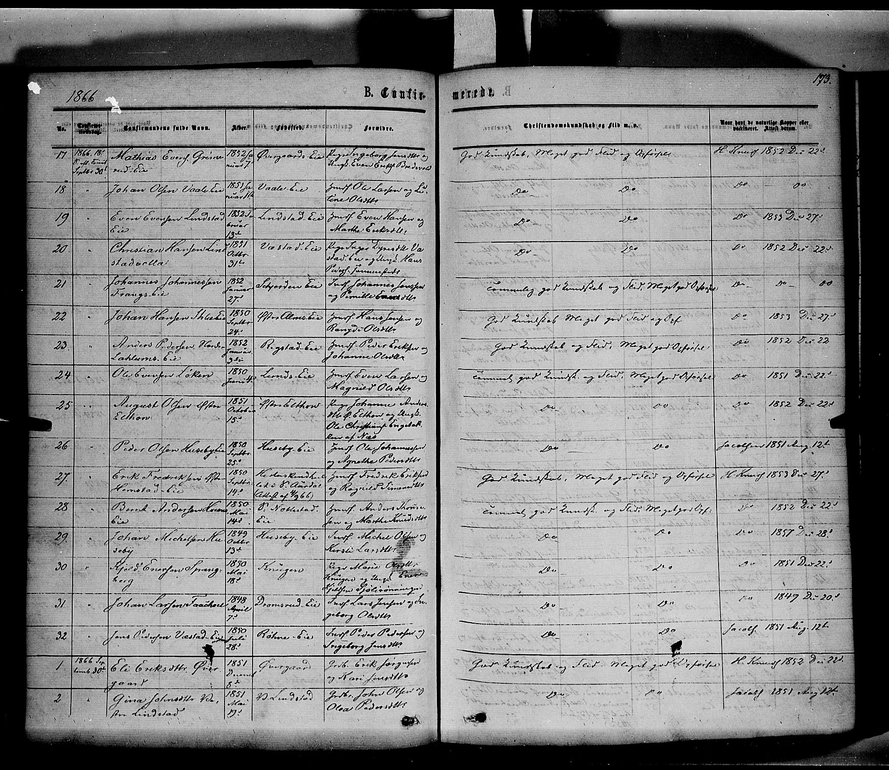 Stange prestekontor, AV/SAH-PREST-002/K/L0013: Parish register (official) no. 13, 1862-1879, p. 173