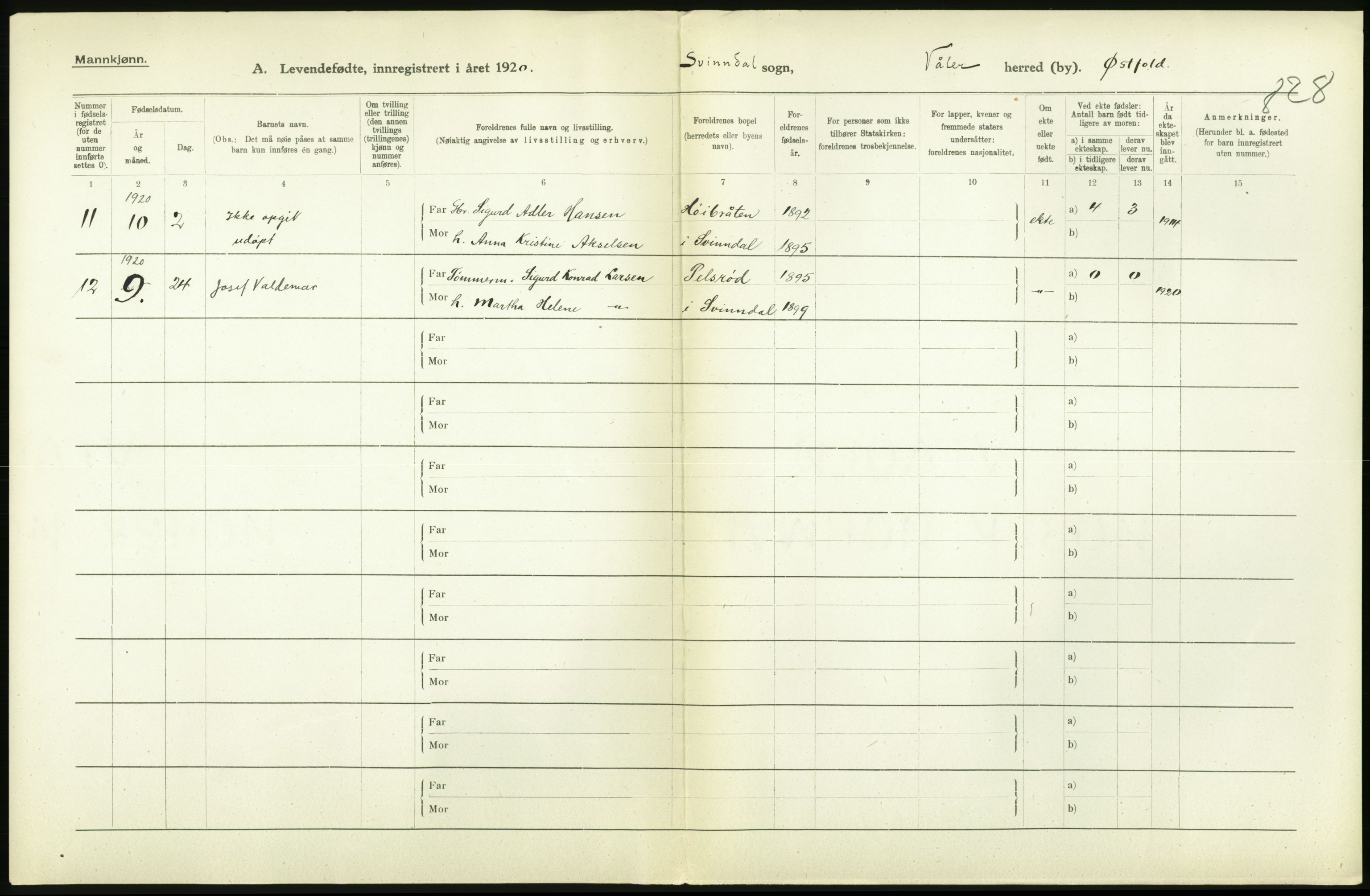 Statistisk sentralbyrå, Sosiodemografiske emner, Befolkning, RA/S-2228/D/Df/Dfb/Dfbj/L0001: Østfold fylke: Levendefødte menn og kvinner. Bygder., 1920, p. 12