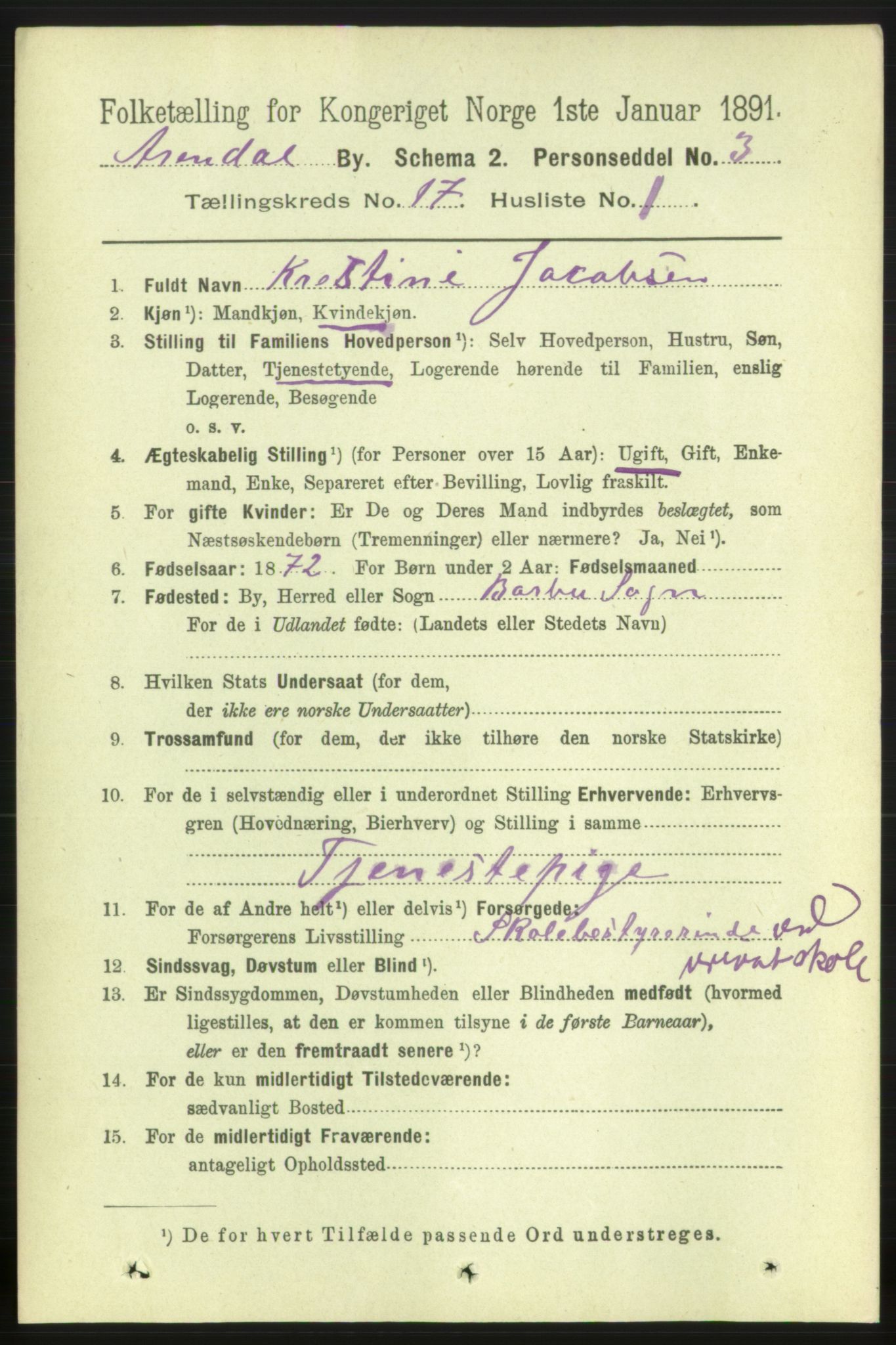 RA, 1891 census for 0903 Arendal, 1891, p. 5587