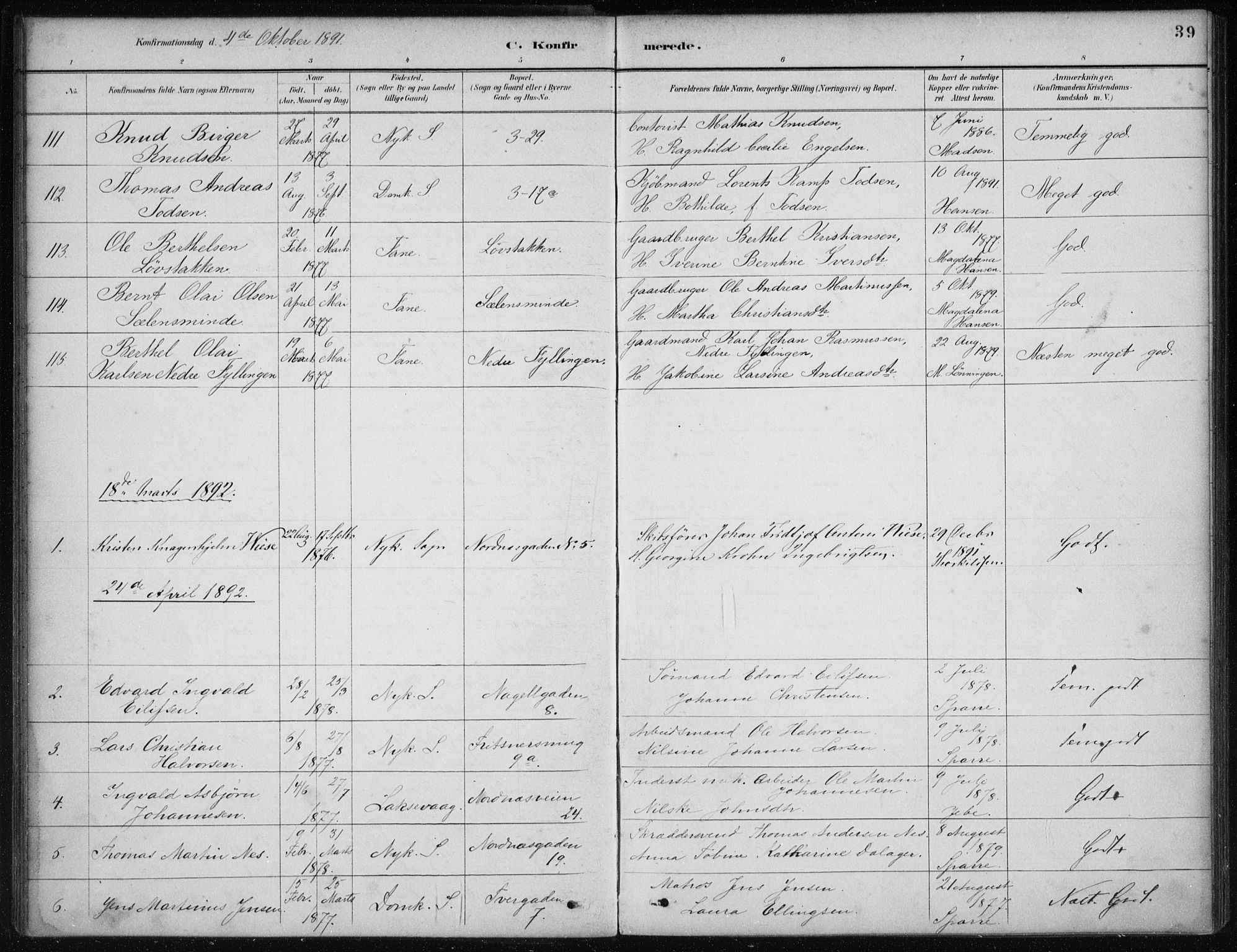 Nykirken Sokneprestembete, SAB/A-77101/H/Haa/L0027: Parish register (official) no. C 6, 1886-1913, p. 39