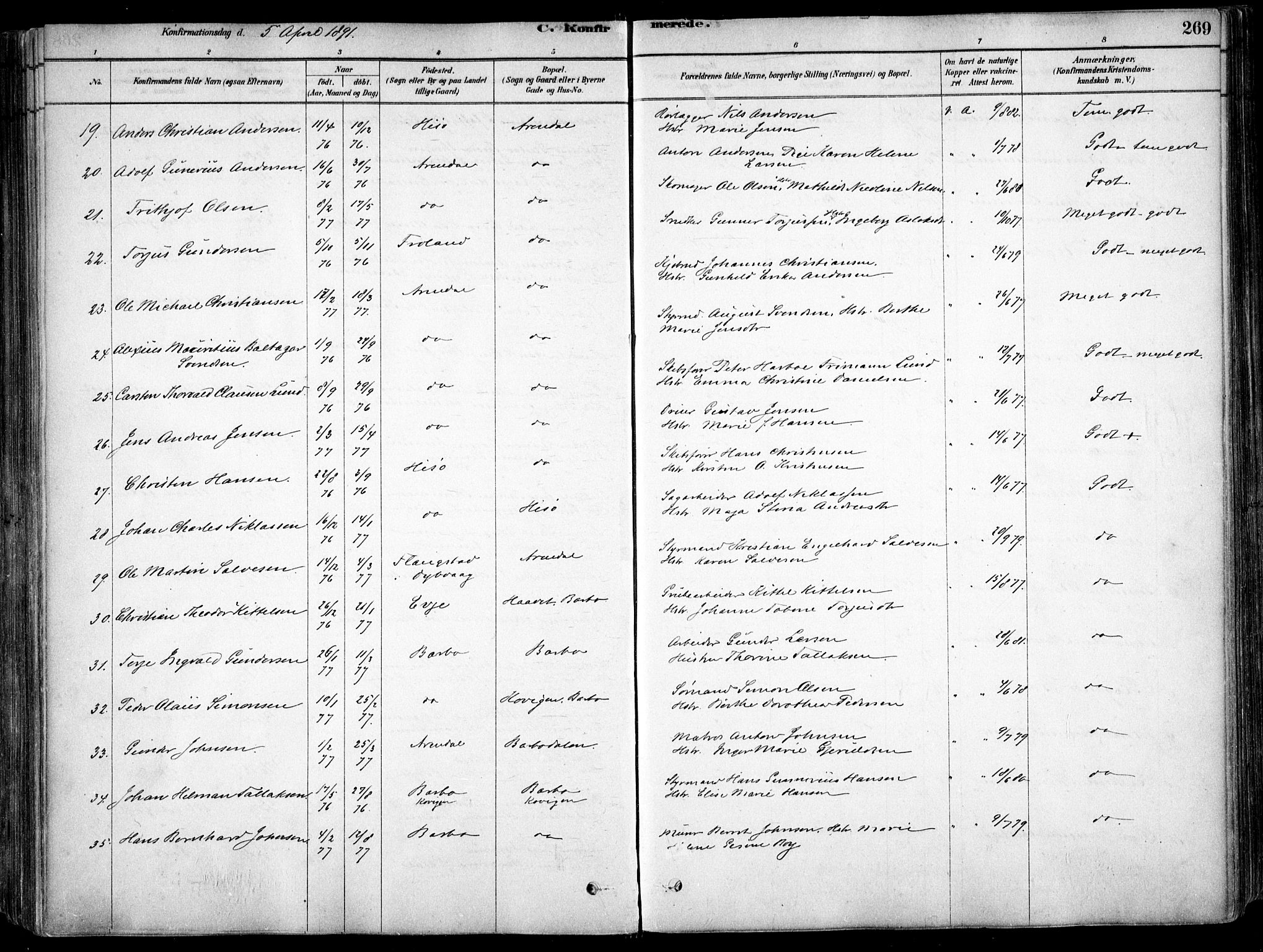 Arendal sokneprestkontor, Trefoldighet, AV/SAK-1111-0040/F/Fa/L0008: Parish register (official) no. A 8, 1878-1899, p. 269