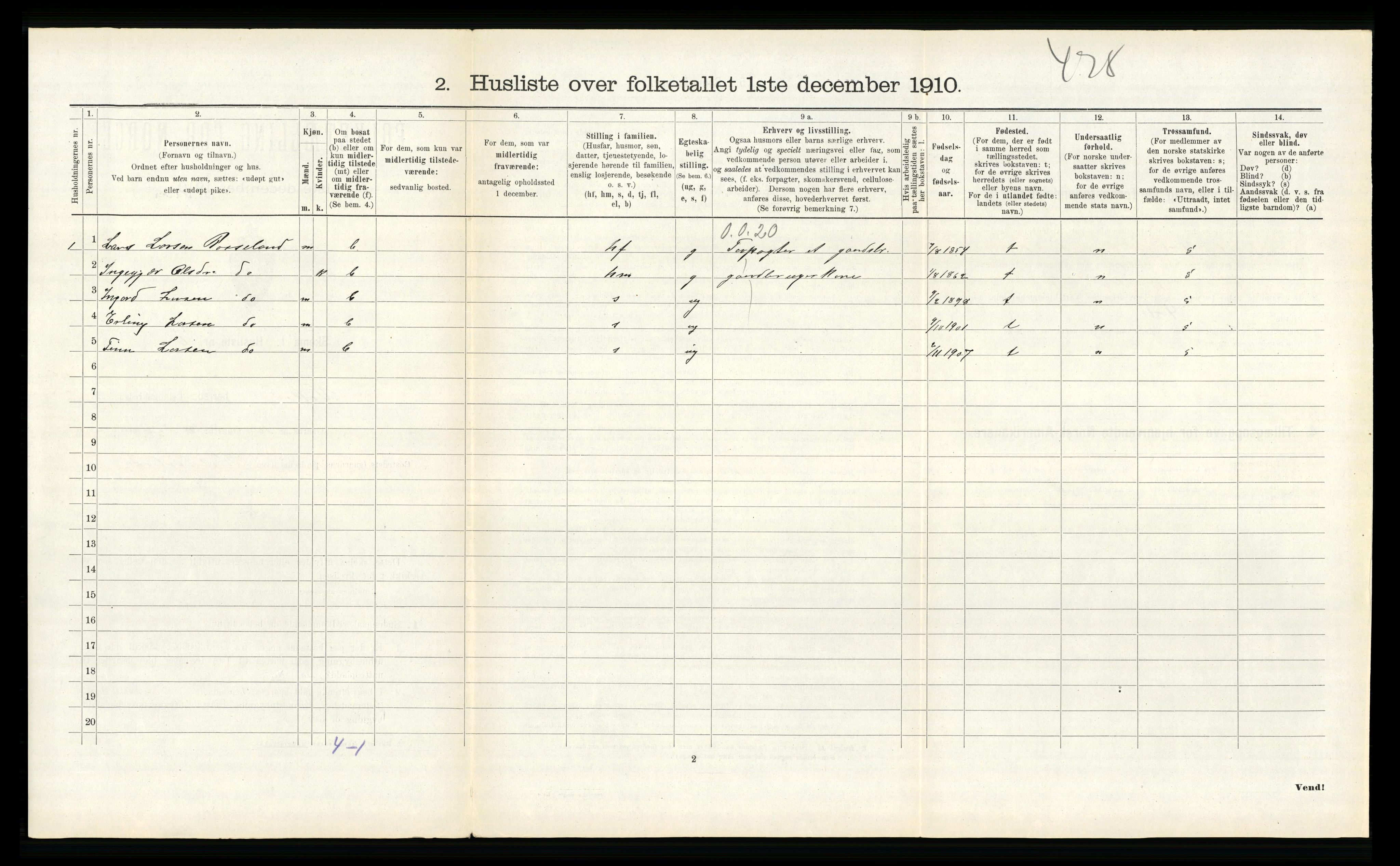 RA, 1910 census for Kvam, 1910, p. 220