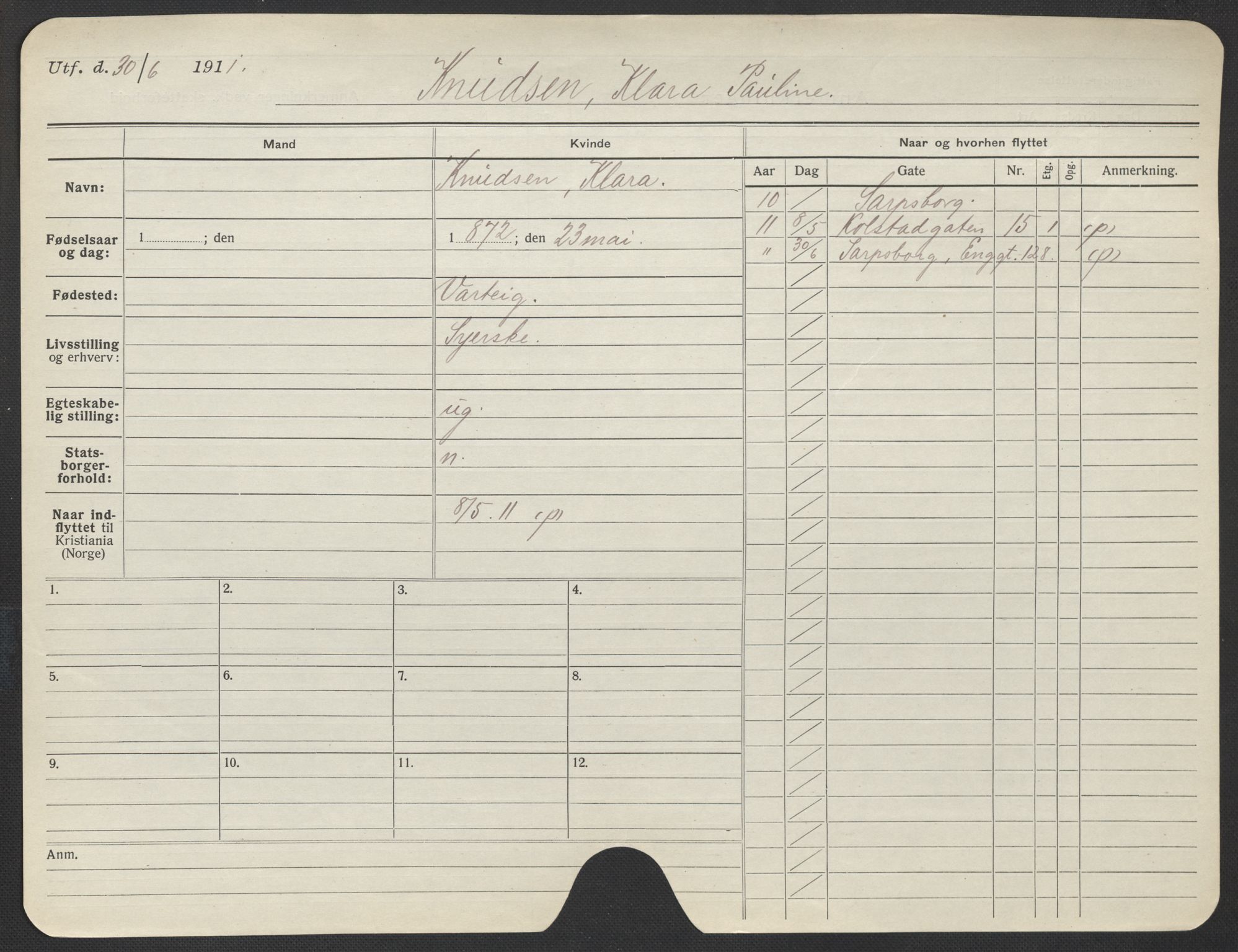 Oslo folkeregister, Registerkort, SAO/A-11715/F/Fa/Fac/L0018: Kvinner, 1906-1914, p. 1250a