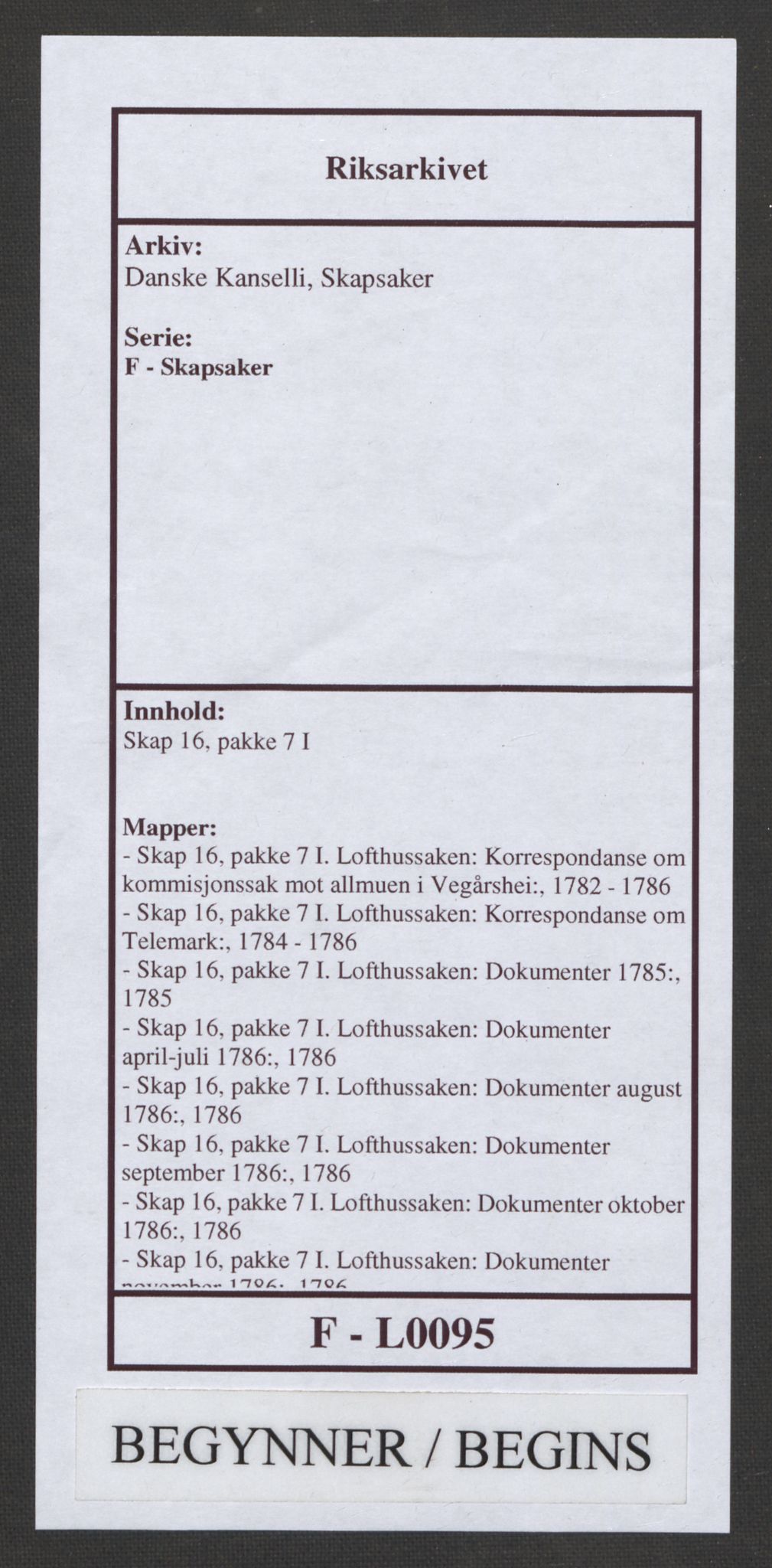 Danske Kanselli, Skapsaker, RA/EA-4061/F/L0095: Skap 16, pakke 7 I, 1785-1786, p. 1