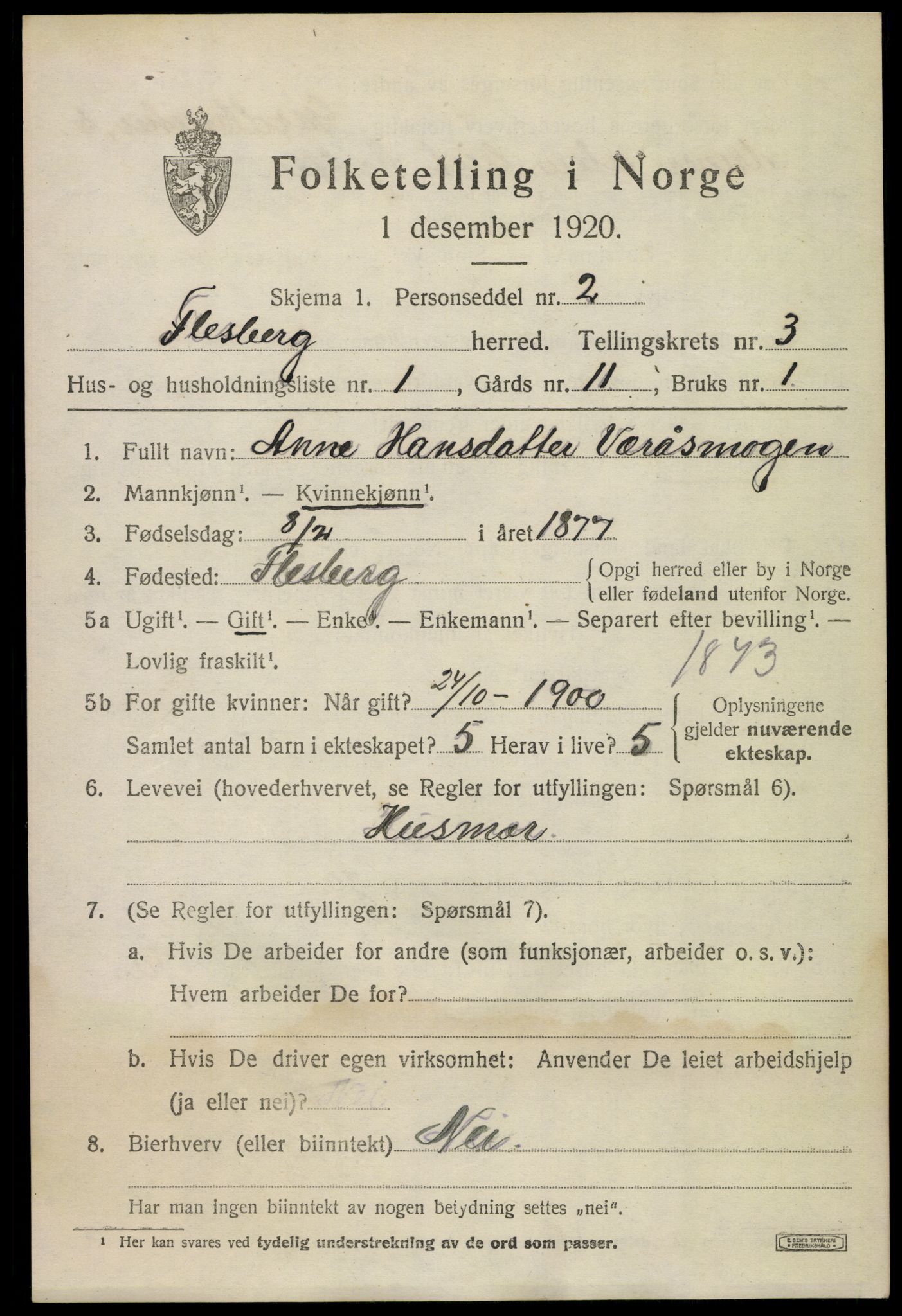 SAKO, 1920 census for Flesberg, 1920, p. 1669