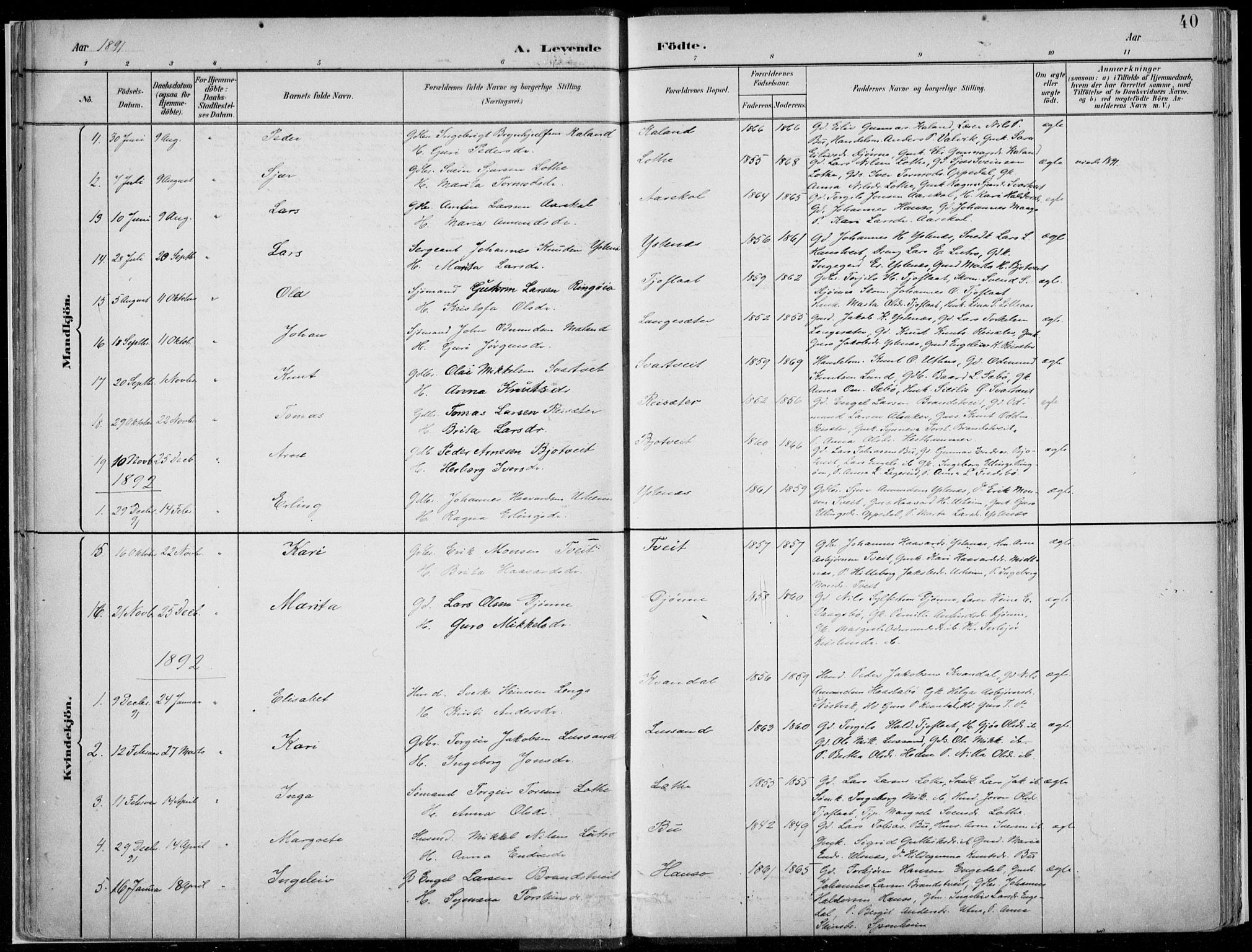 Ullensvang sokneprestembete, SAB/A-78701/H/Haa: Parish register (official) no. E  1, 1882-1921, p. 40