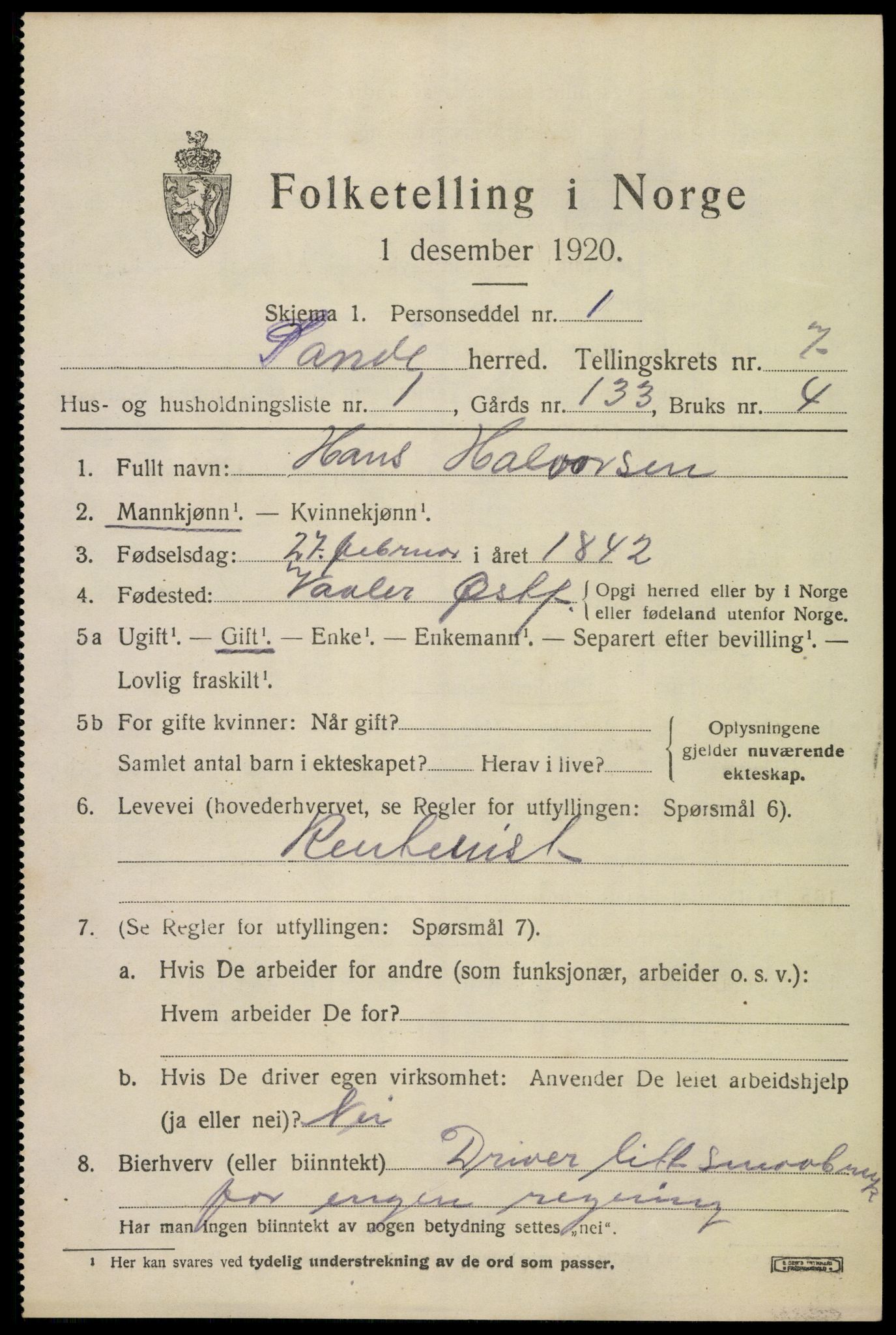 SAKO, 1920 census for Sande, 1920, p. 8074