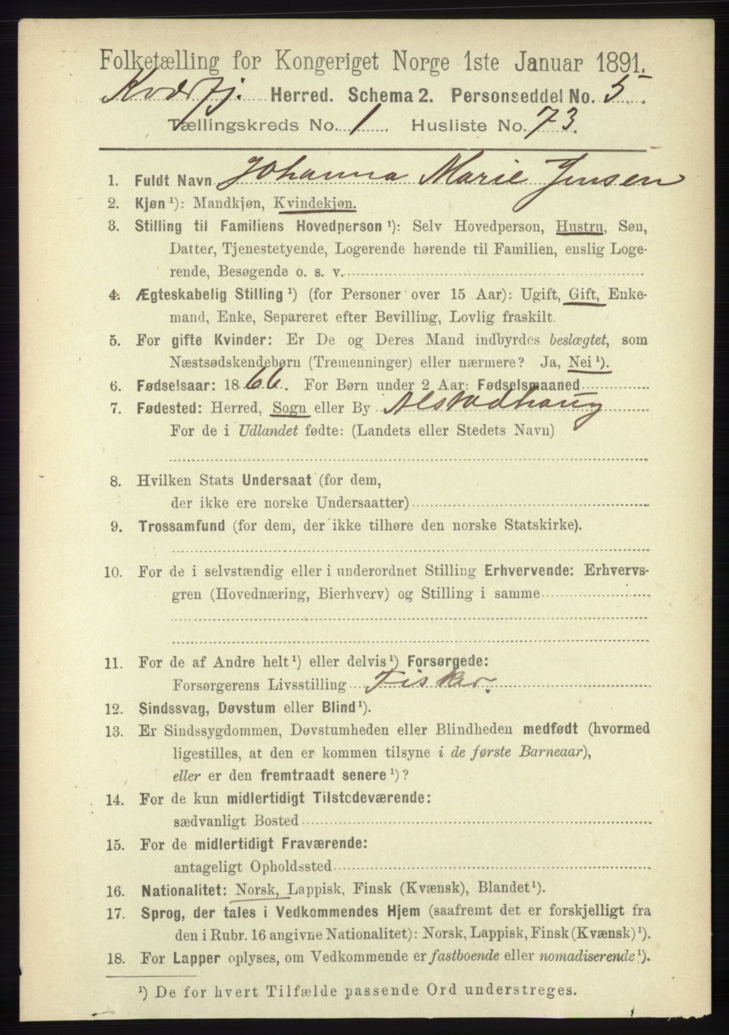 RA, 1891 census for 1911 Kvæfjord, 1891, p. 624