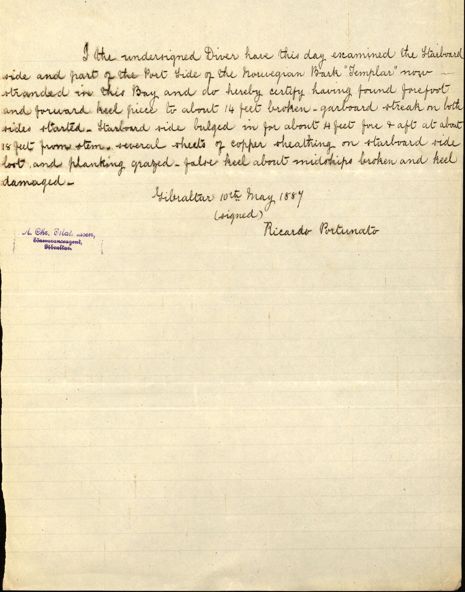 Pa 63 - Østlandske skibsassuranceforening, VEMU/A-1079/G/Ga/L0020/0003: Havaridokumenter / Anton, Diamant, Templar, Finn, Eliezer, Arctic, 1887, p. 175