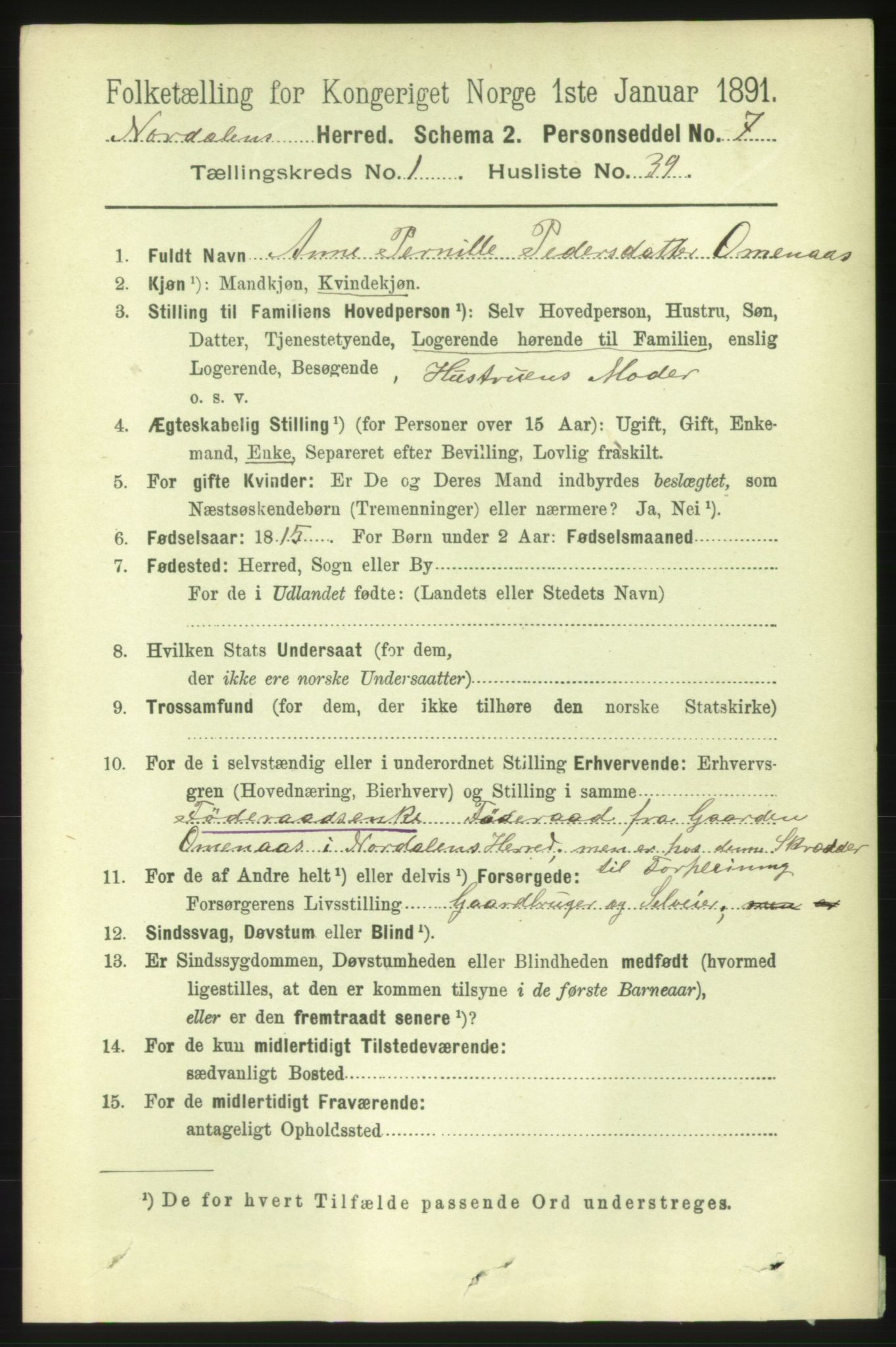 RA, 1891 census for 1524 Norddal, 1891, p. 303