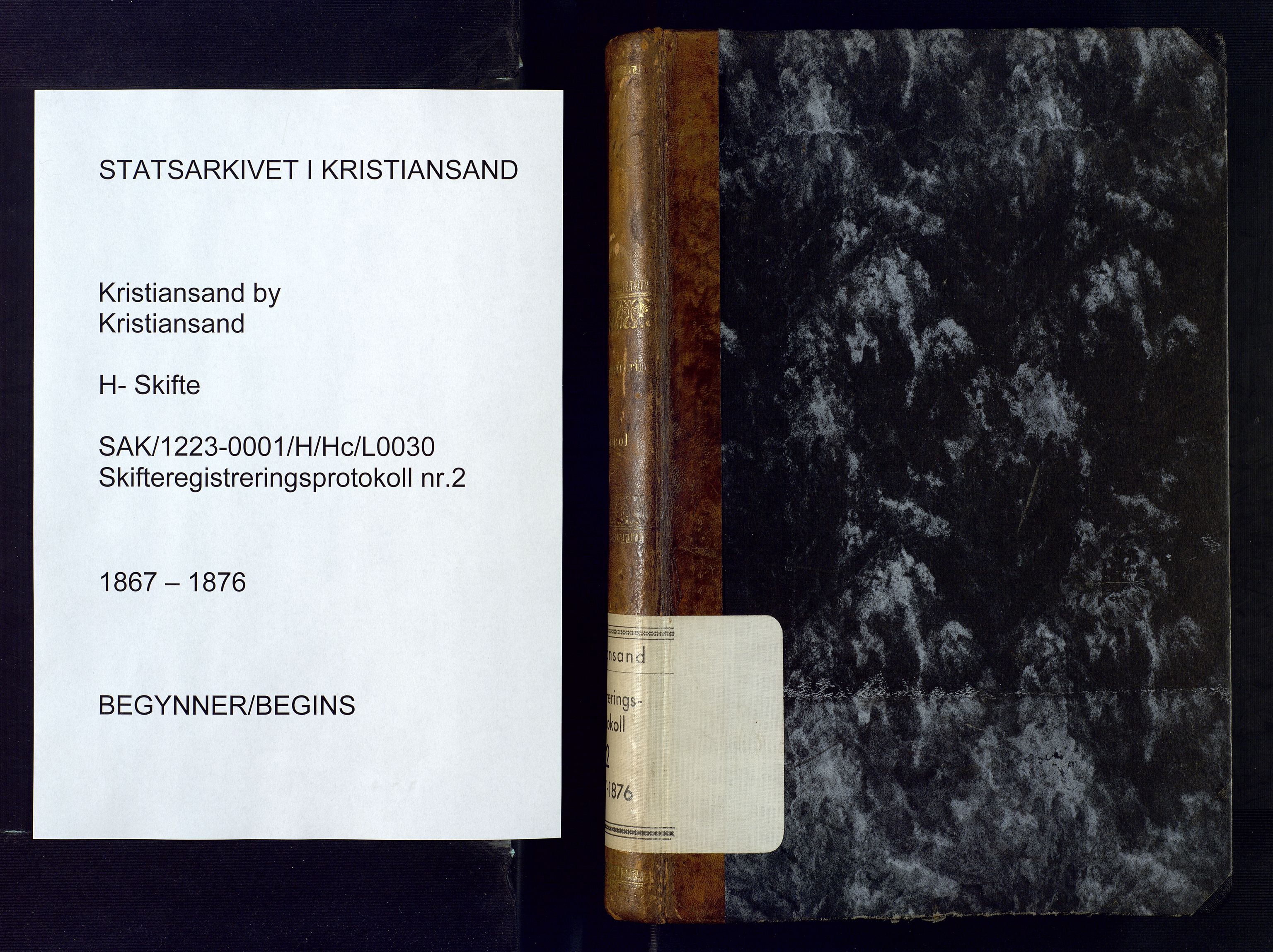 Kristiansand byrett, AV/SAK-1223-0001/H/Hc/L0030: Skifteregistreringsprotokoll nr. 2, med register, 1867-1876