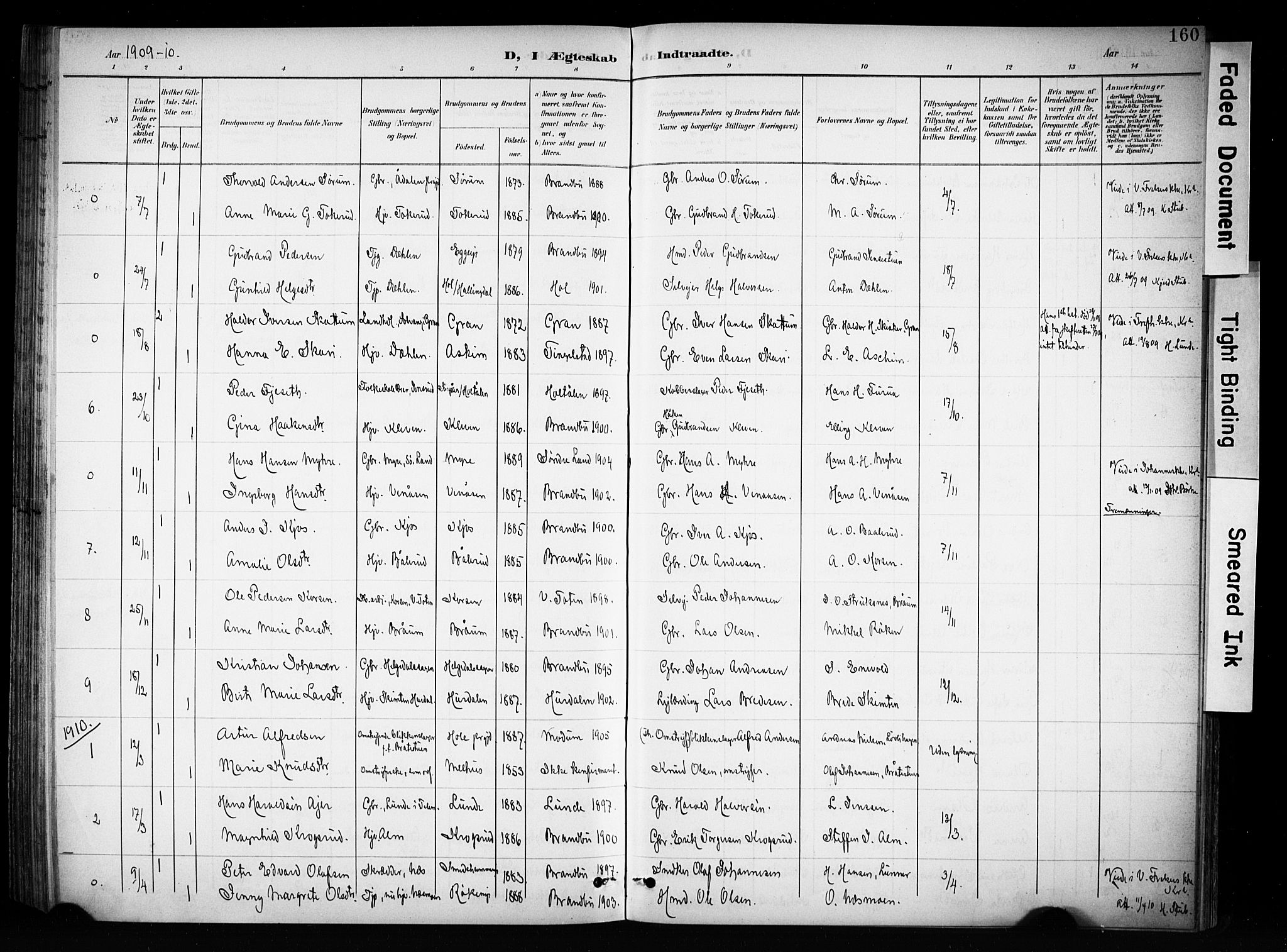 Brandbu prestekontor, SAH/PREST-114/H/Ha/Haa/L0001: Parish register (official) no. 1, 1900-1912, p. 160