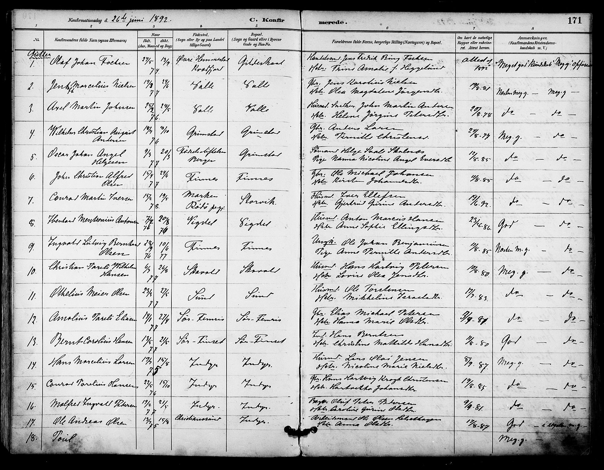 Ministerialprotokoller, klokkerbøker og fødselsregistre - Nordland, AV/SAT-A-1459/805/L0101: Parish register (official) no. 805A07, 1892-1899, p. 171