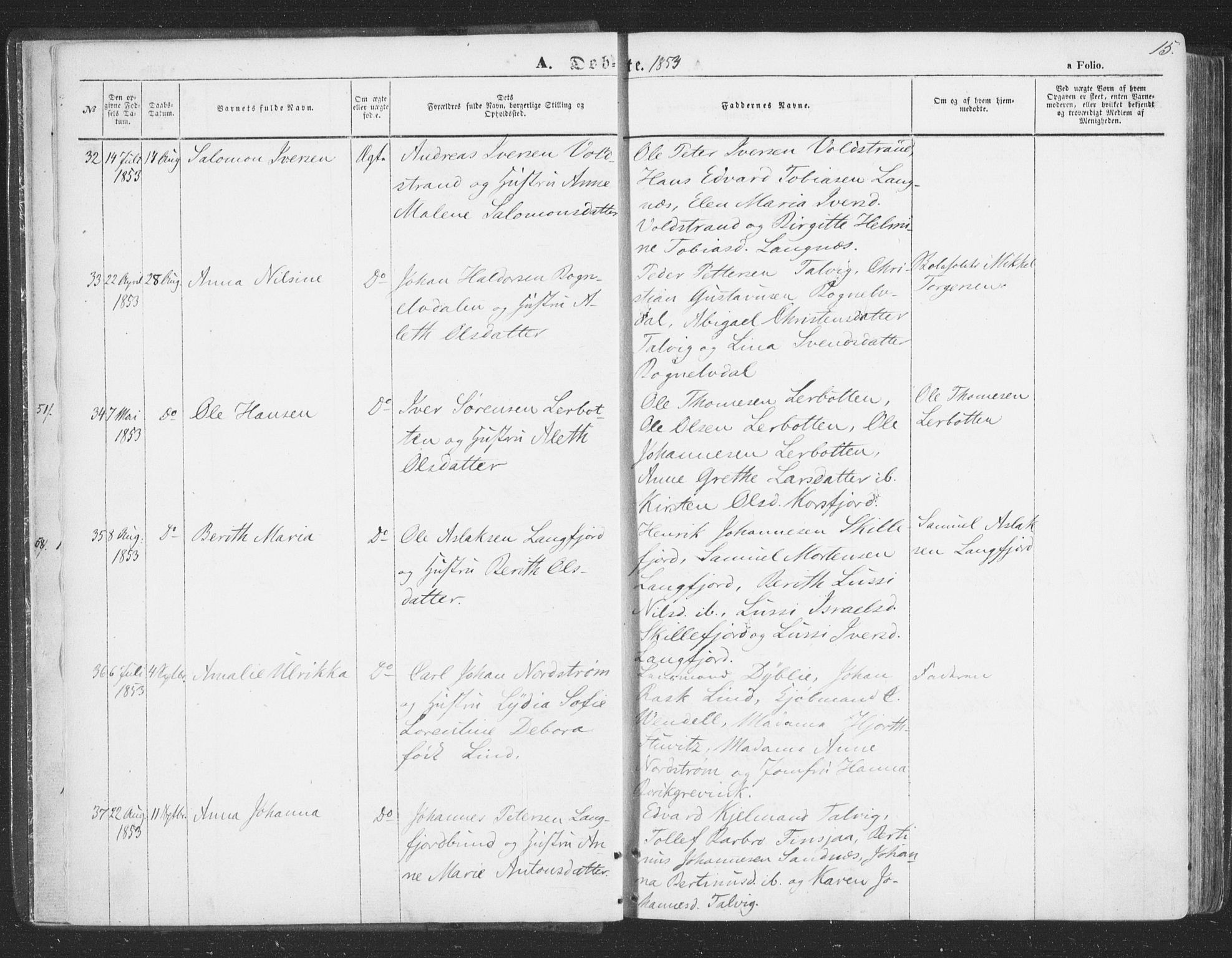 Talvik sokneprestkontor, AV/SATØ-S-1337/H/Ha/L0010kirke: Parish register (official) no. 10, 1852-1864, p. 15