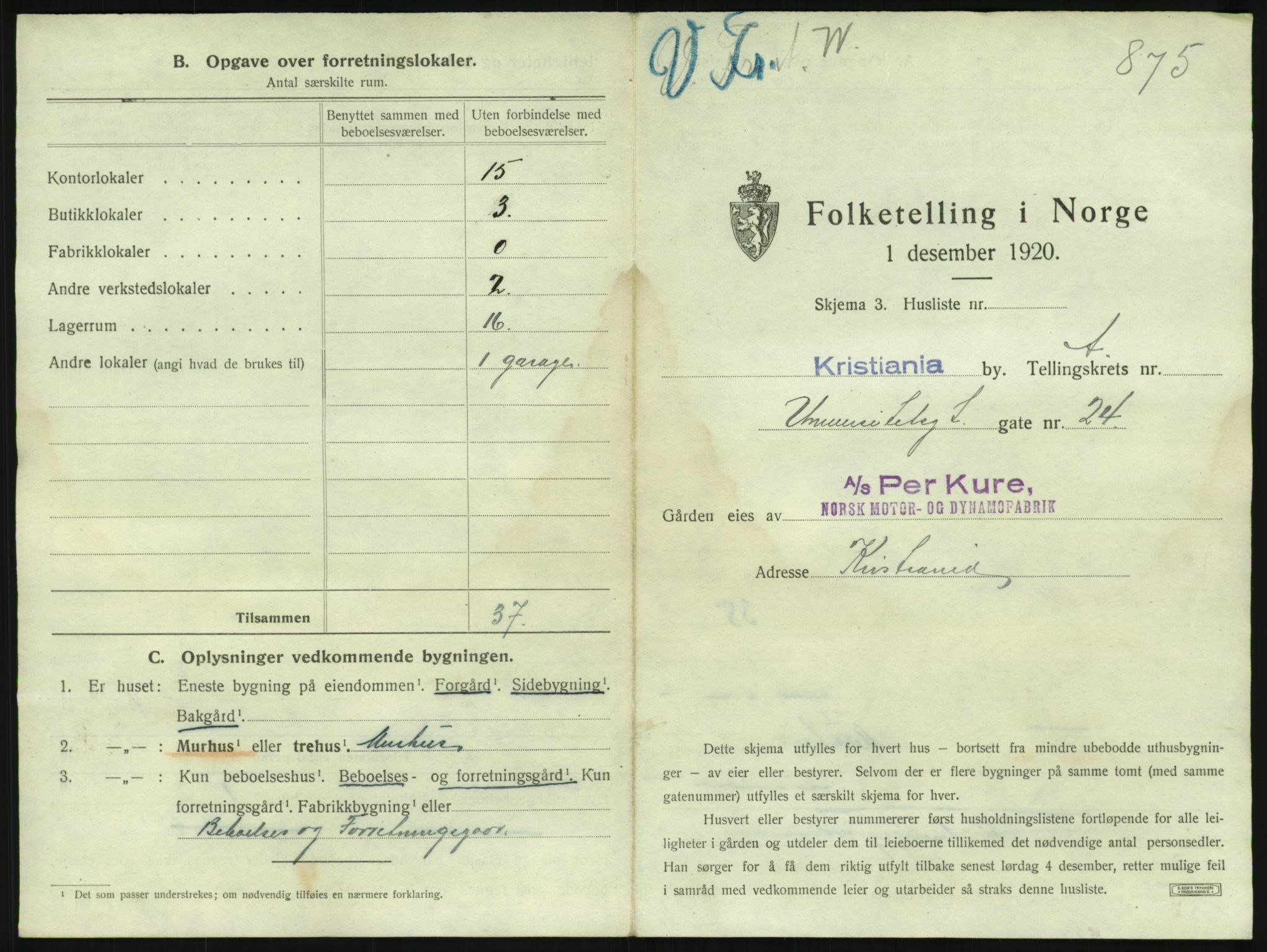 SAO, 1920 census for Kristiania, 1920, p. 123127