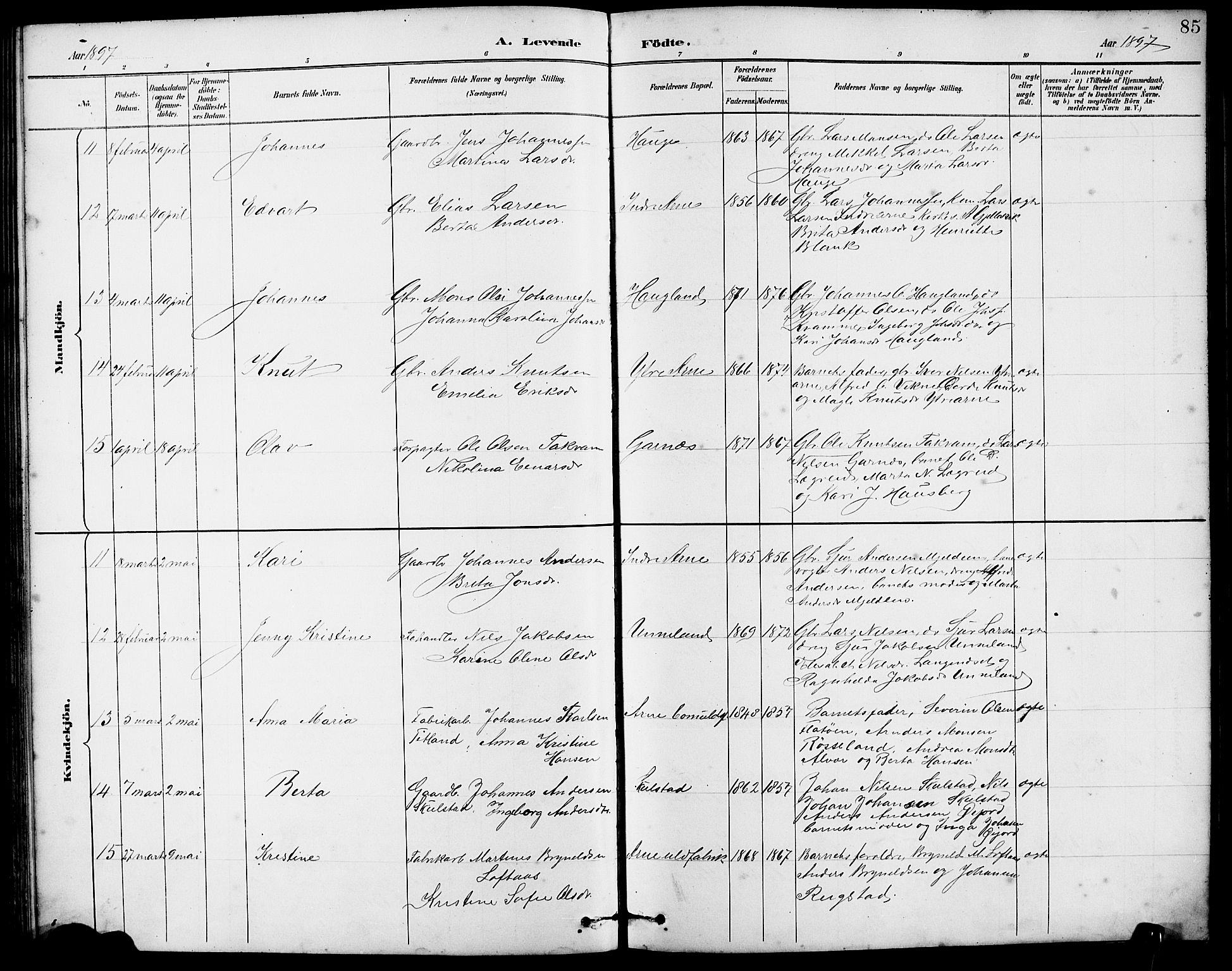 Arna Sokneprestembete, AV/SAB-A-74001/H/Ha/Hab: Parish register (copy) no. A 3, 1887-1897, p. 85