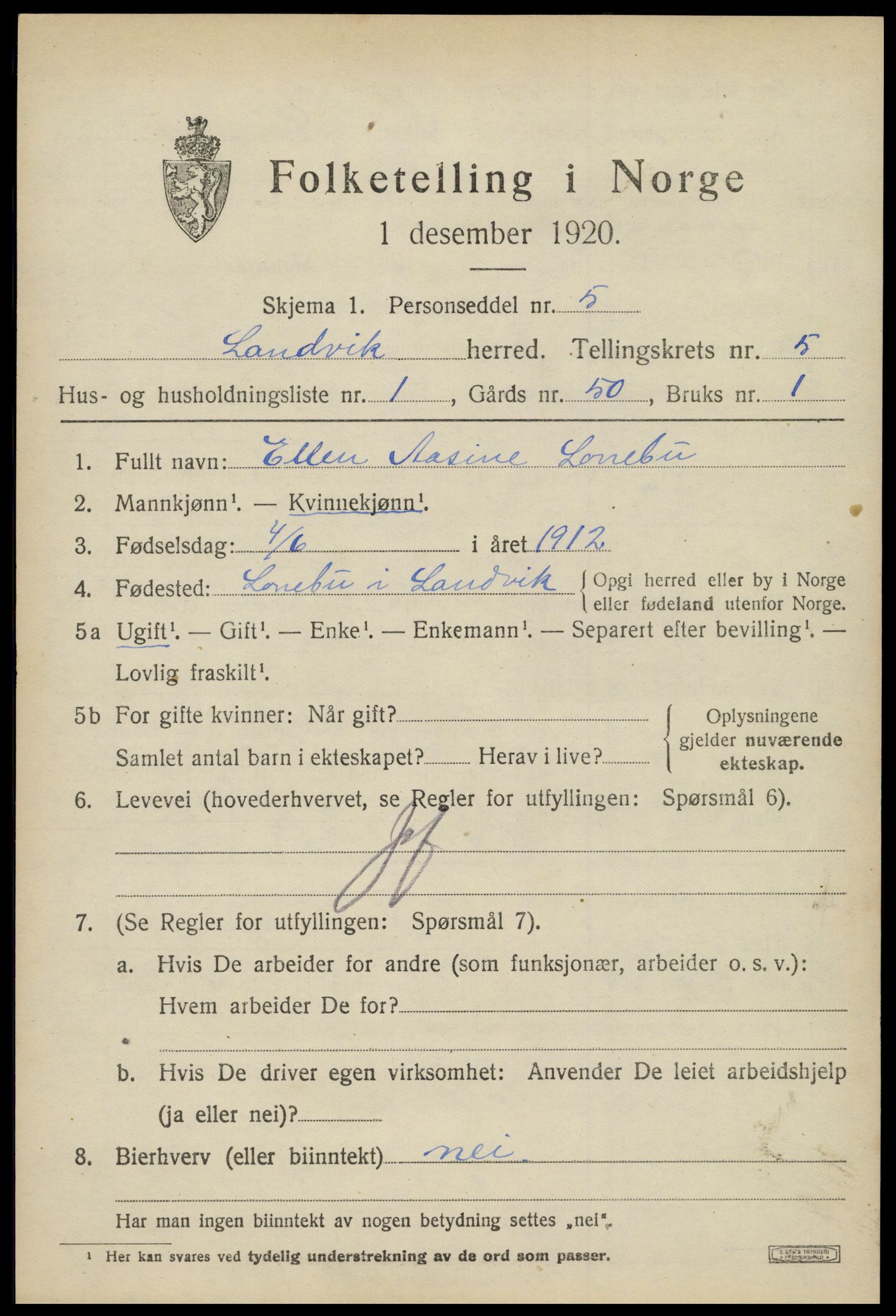 SAK, 1920 census for Landvik, 1920, p. 4016