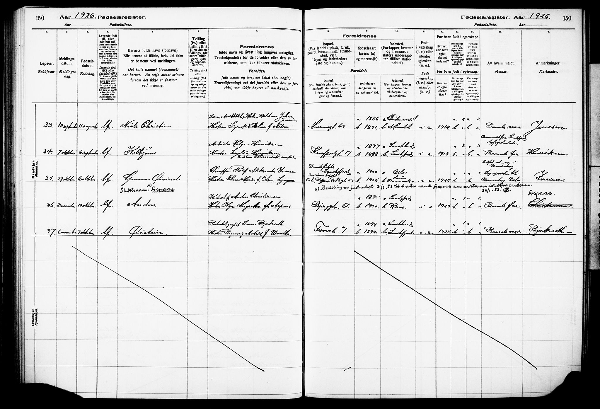 Sandefjord kirkebøker, AV/SAKO-A-315/J/Ja/L0001: Birth register no. 1, 1916-1932, p. 150