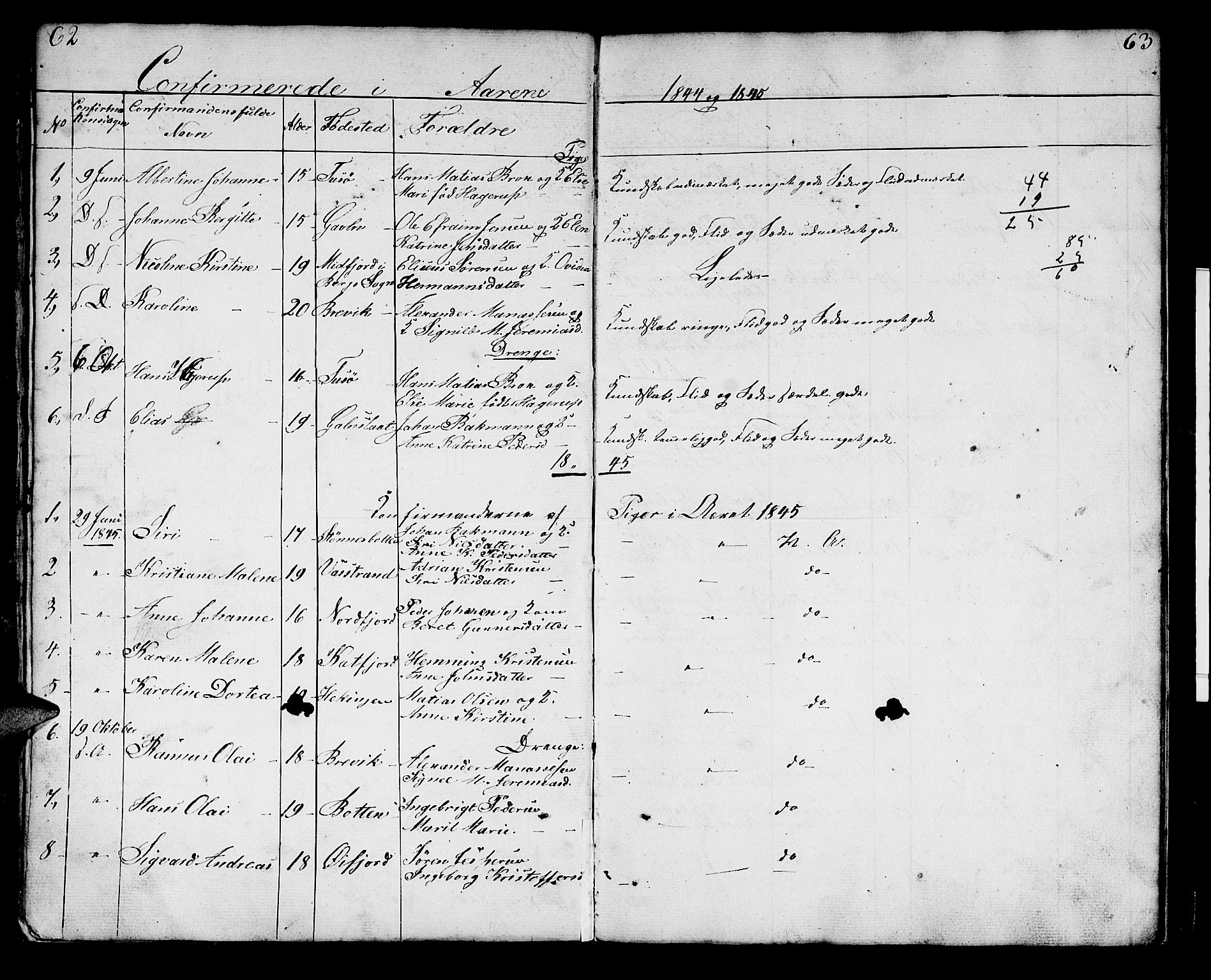 Lenvik sokneprestembete, SATØ/S-1310/H/Ha/Hab/L0018klokker: Parish register (copy) no. 18, 1838-1854, p. 62-63