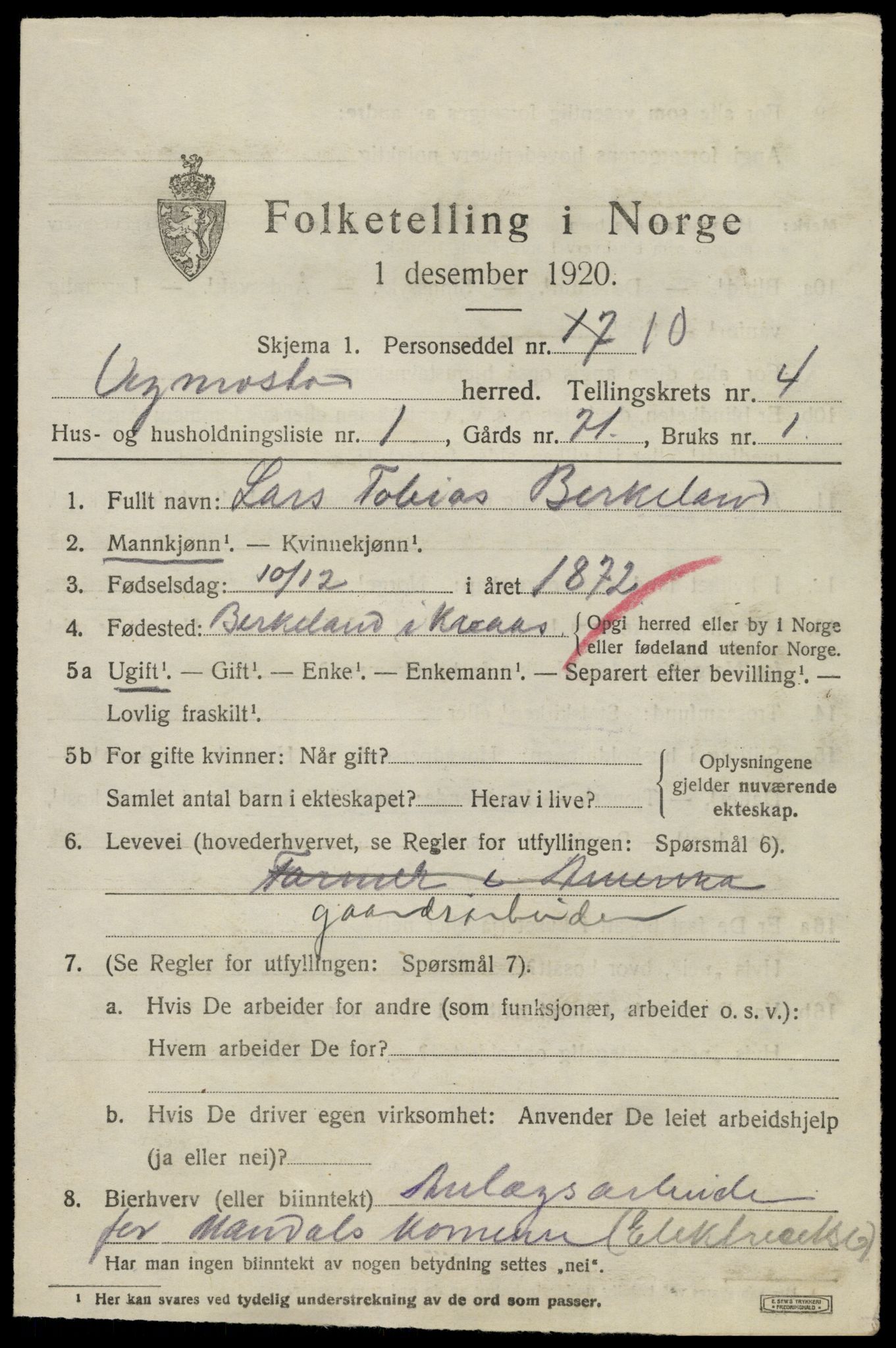 SAK, 1920 census for Vigmostad, 1920, p. 1191