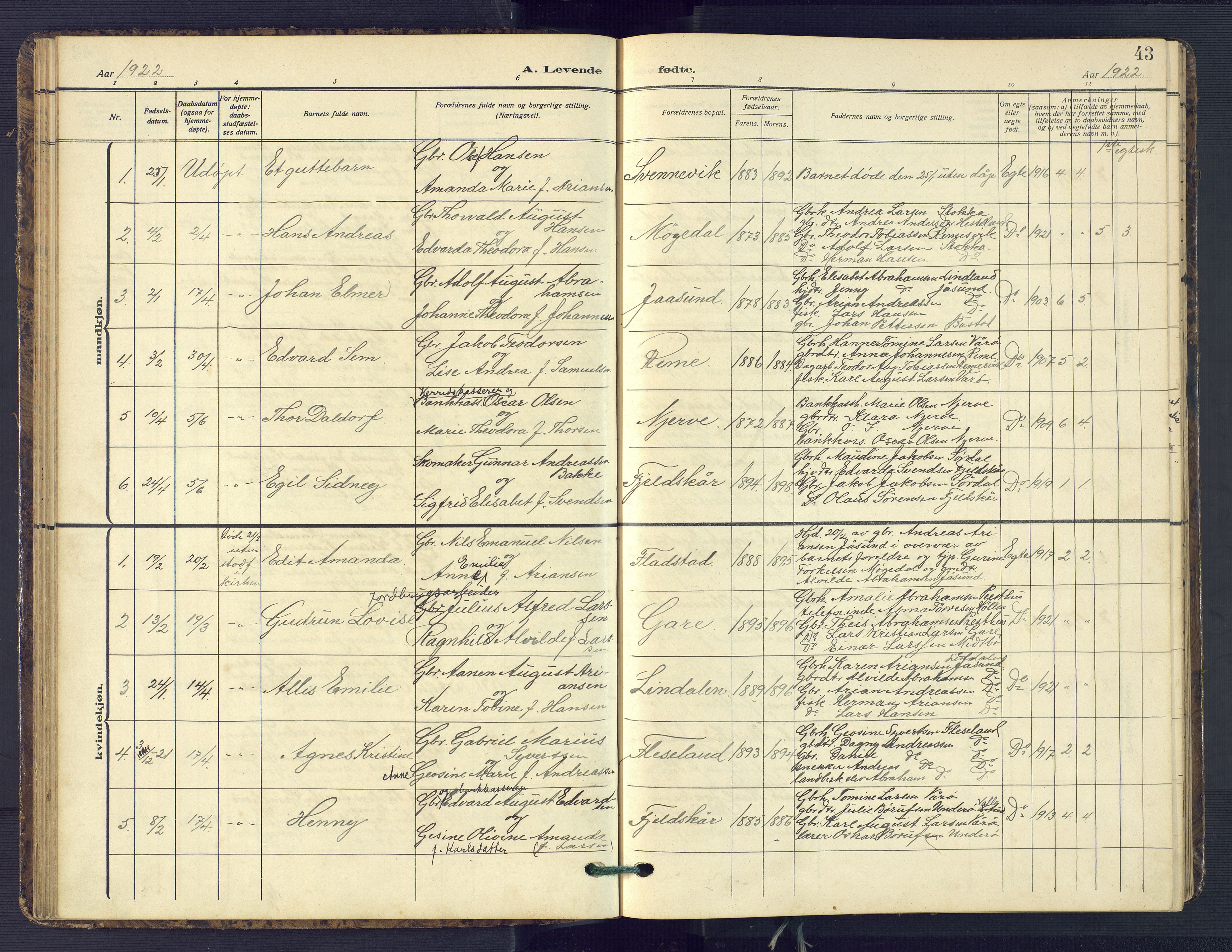 Sør-Audnedal sokneprestkontor, SAK/1111-0039/F/Fb/Fba/L0005: Parish register (copy) no. B 5, 1908-1963, p. 43