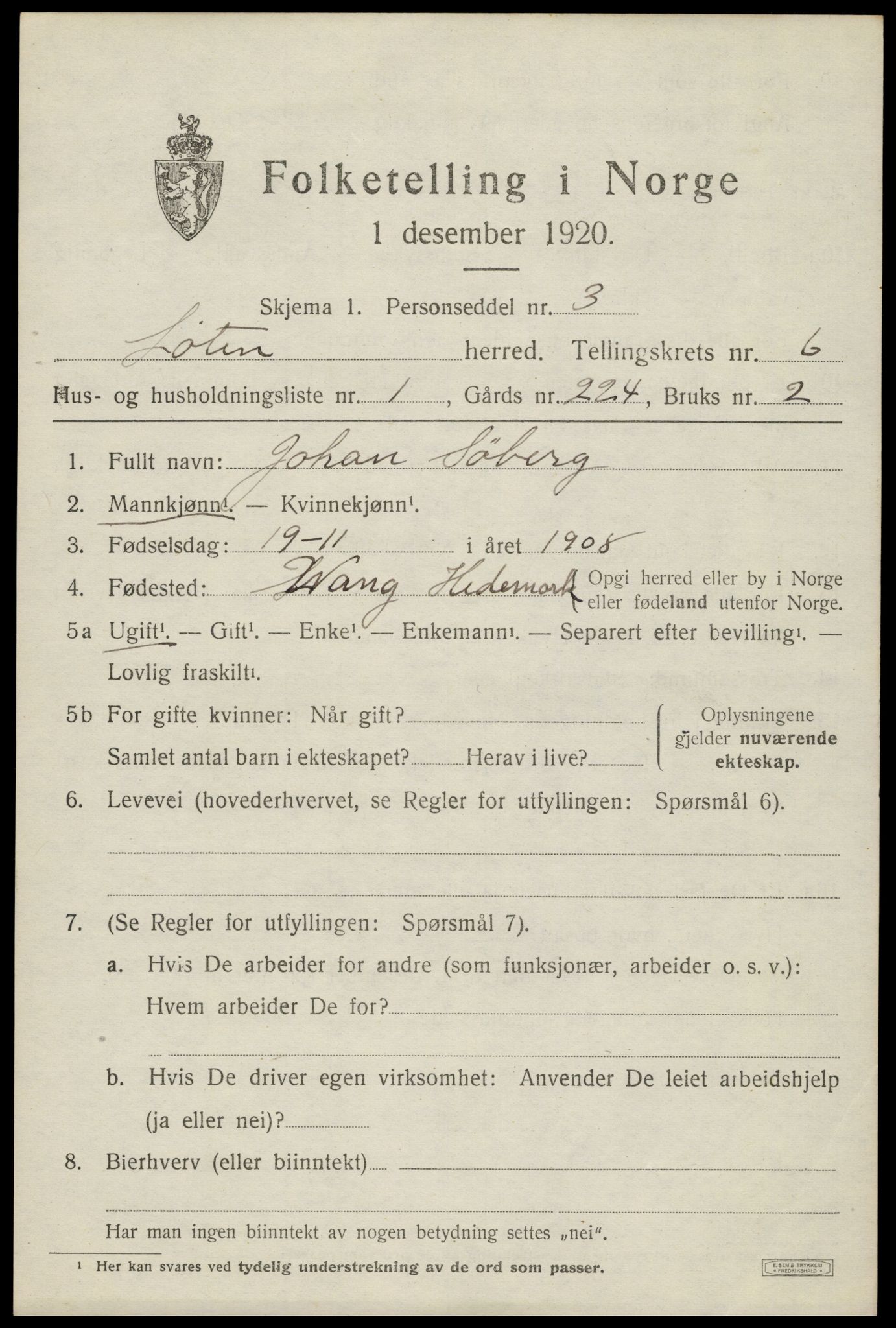 SAH, 1920 census for Løten, 1920, p. 11865