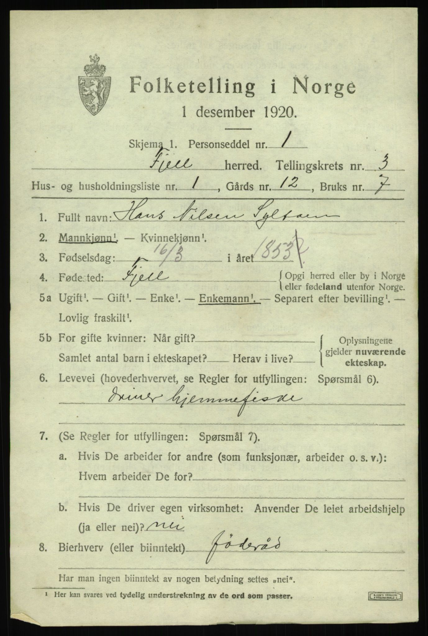 SAB, 1920 census for Fjell, 1920, p. 2958