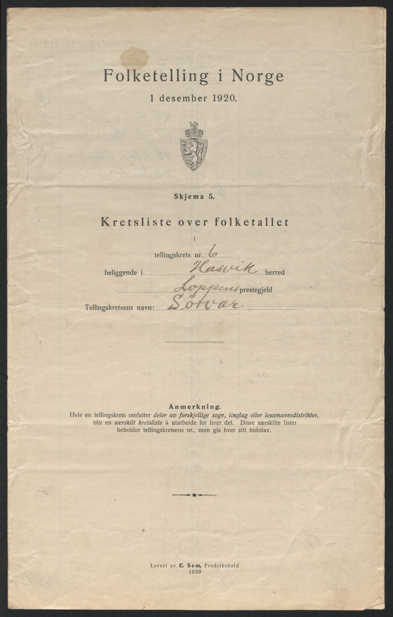 SATØ, 1920 census for Hasvik, 1920, p. 22