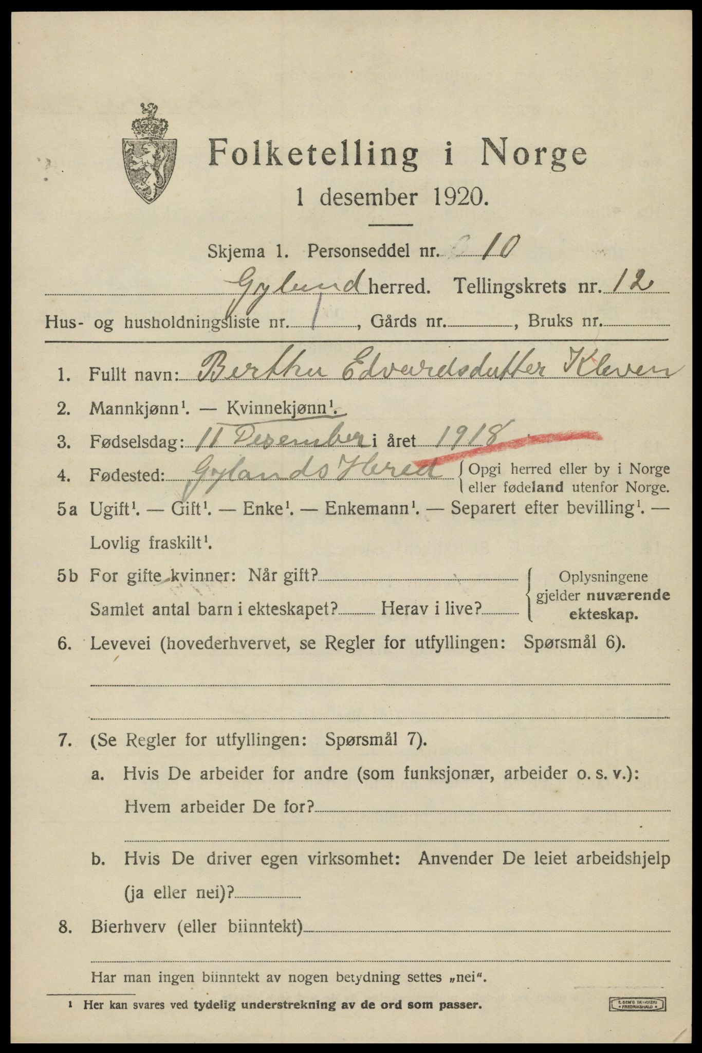 SAK, 1920 census for Gyland, 1920, p. 2440