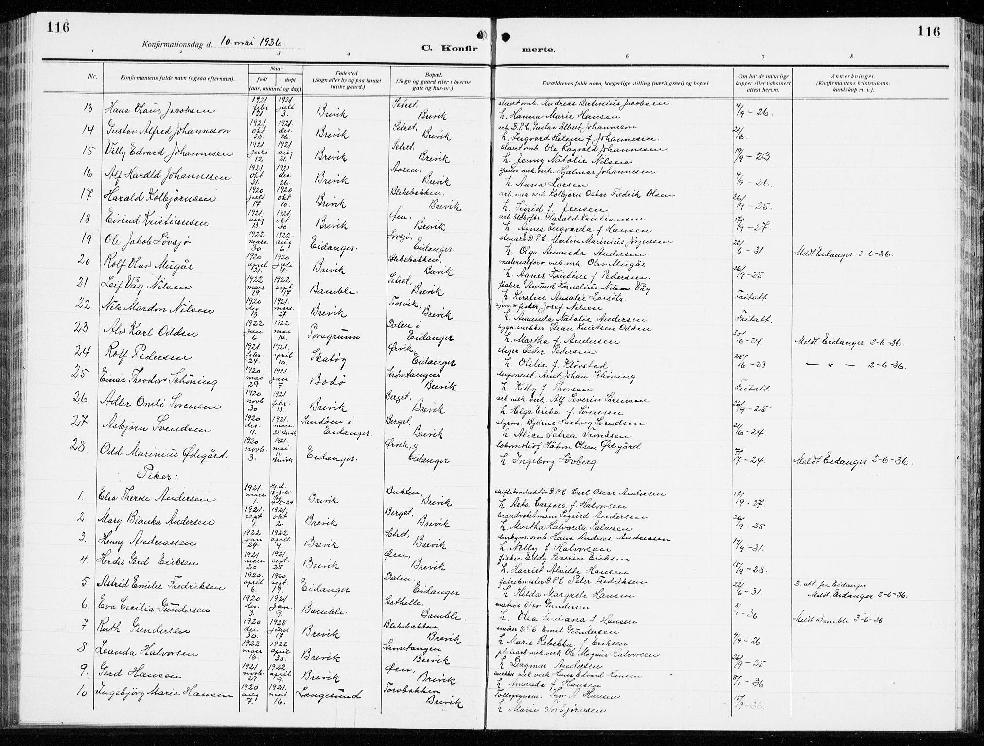 Brevik kirkebøker, SAKO/A-255/G/Ga/L0006: Parish register (copy) no. 6, 1922-1940, p. 116