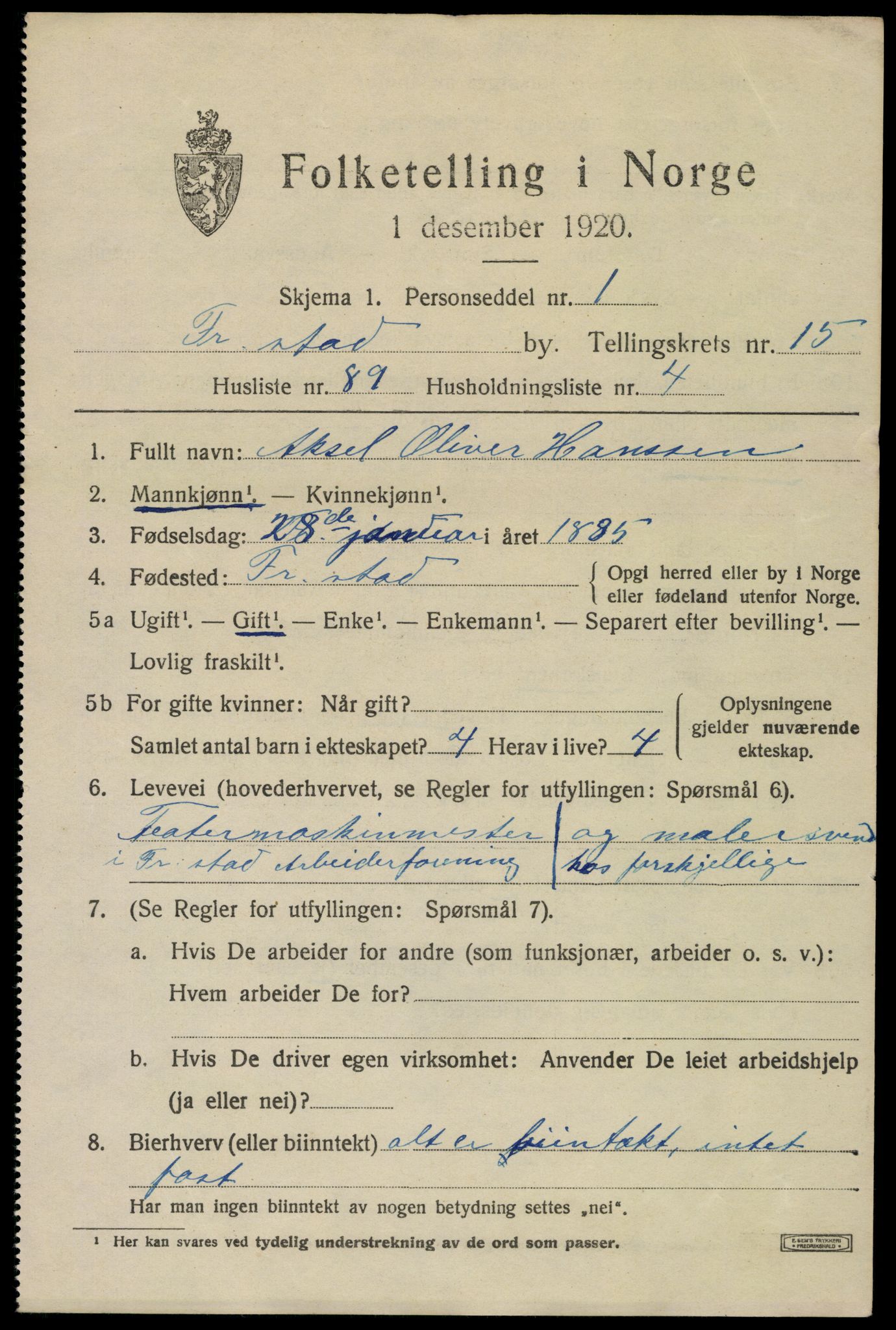 SAO, 1920 census for Fredrikstad, 1920, p. 37033