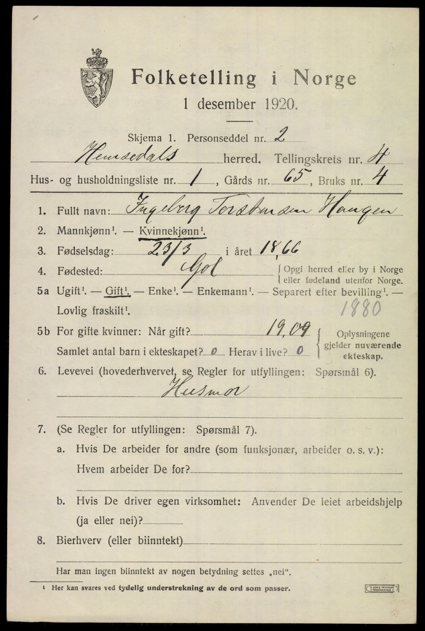 SAKO, 1920 census for Hemsedal, 1920, p. 1456