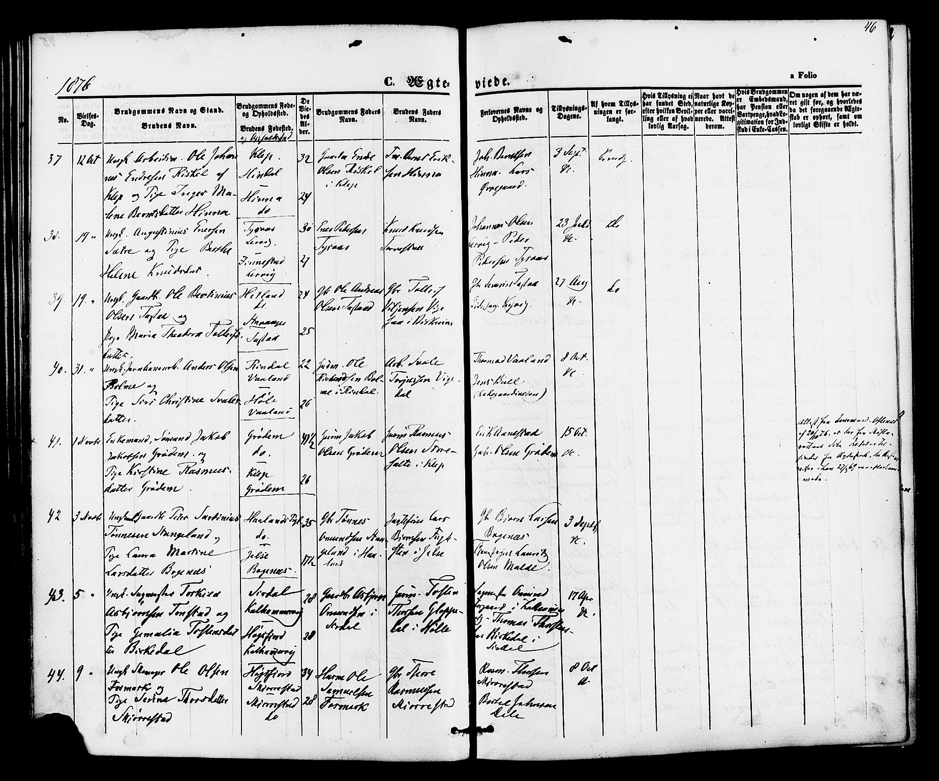 Hetland sokneprestkontor, SAST/A-101826/30/30BA/L0005: Parish register (official) no. A 5, 1869-1884, p. 46