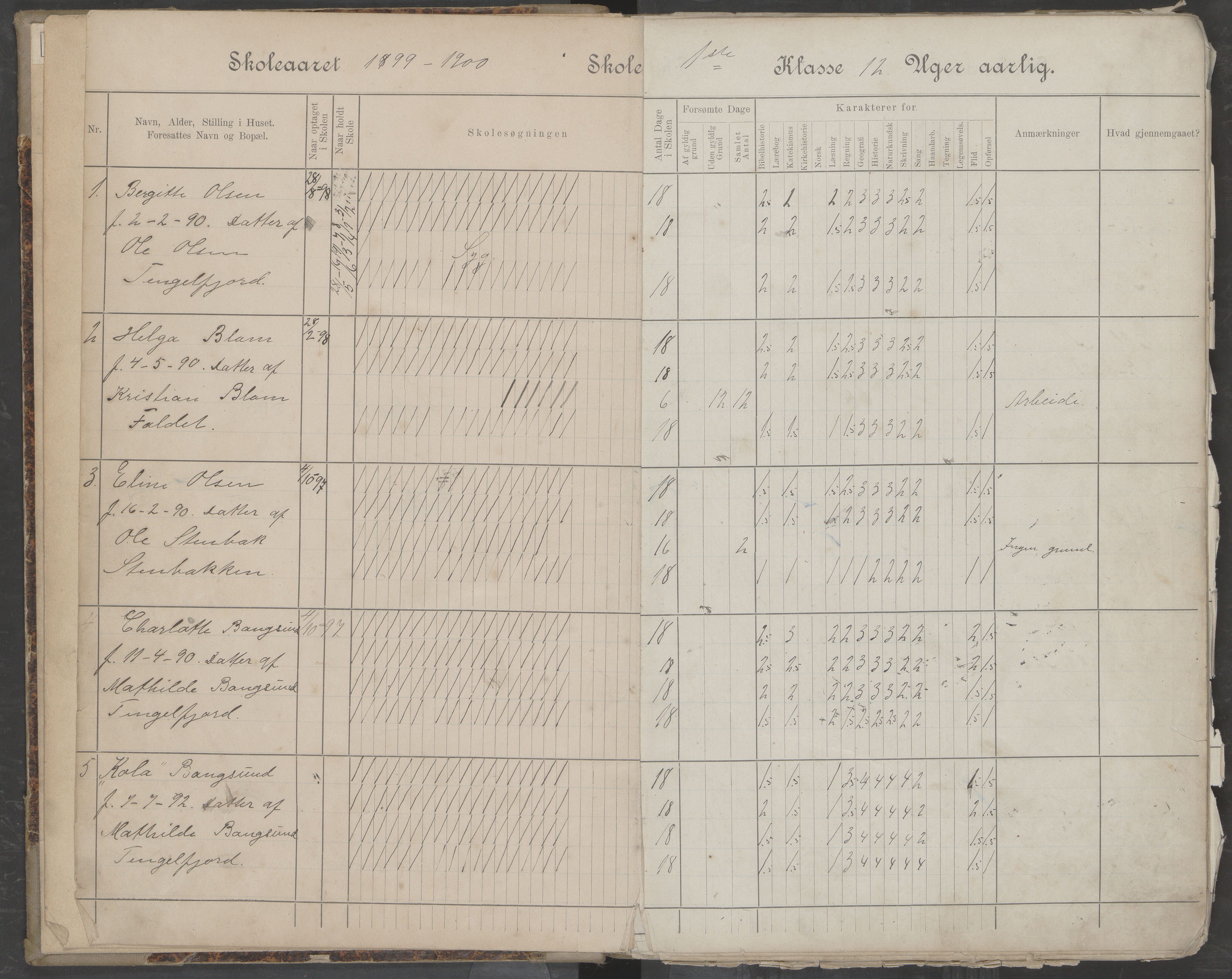 Hadsel kommune. Tengelfjord skolekrets, AIN/K-18660.510.04/G/L0001: Skoleprotokoll for Tengelfjord skole, 1899-1908