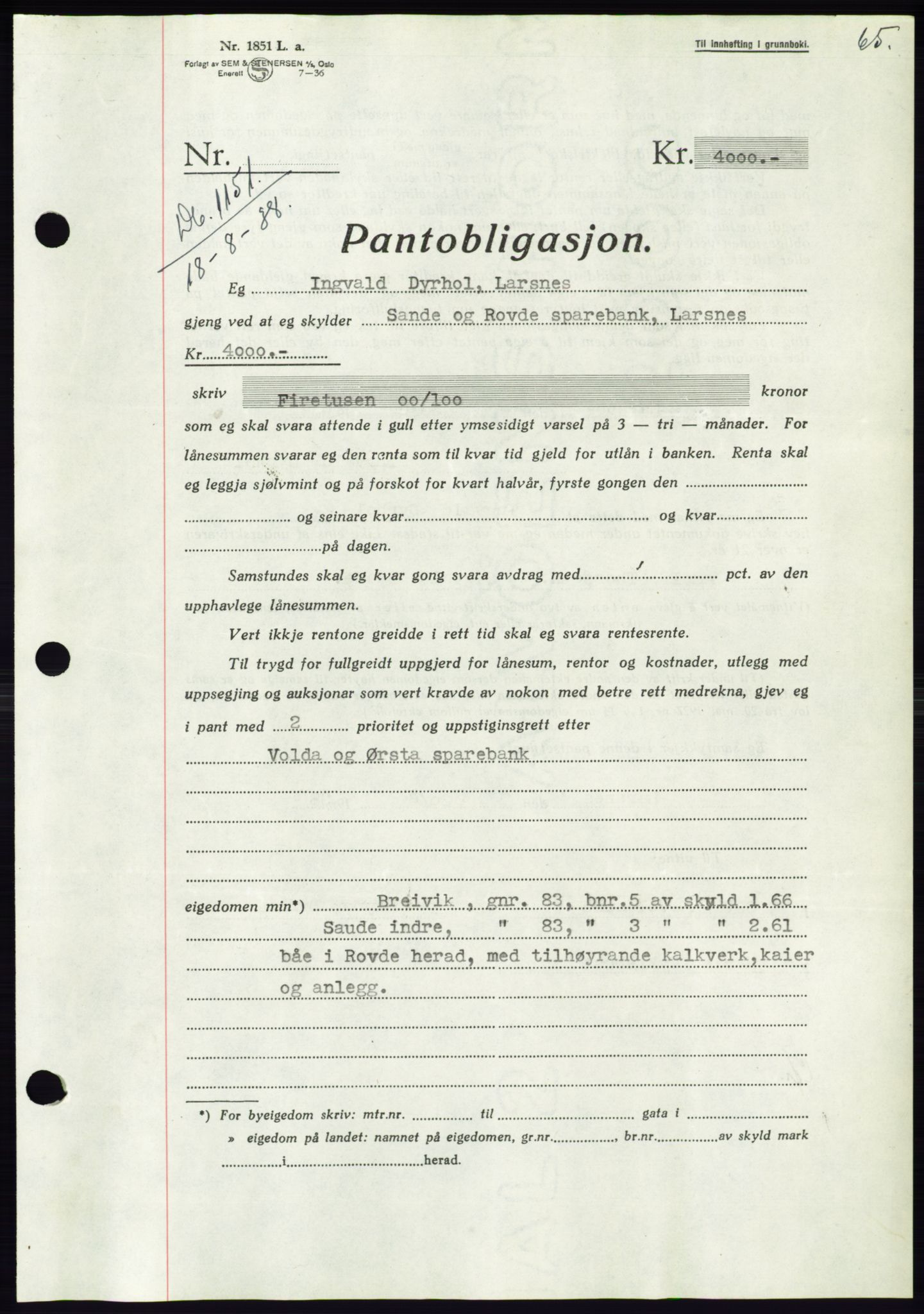 Søre Sunnmøre sorenskriveri, AV/SAT-A-4122/1/2/2C/L0066: Mortgage book no. 60, 1938-1938, Diary no: : 1151/1938