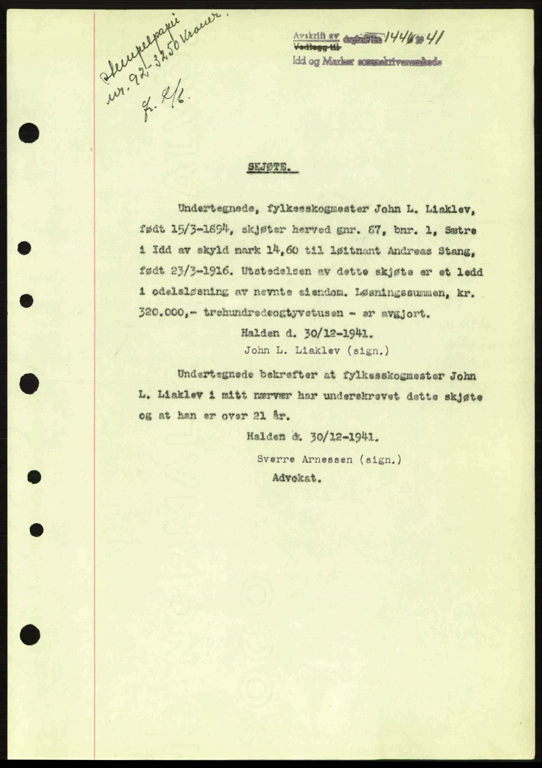 Idd og Marker sorenskriveri, AV/SAO-A-10283/G/Gb/Gbb/L0005: Mortgage book no. A5, 1941-1943, Diary no: : 1446/1941