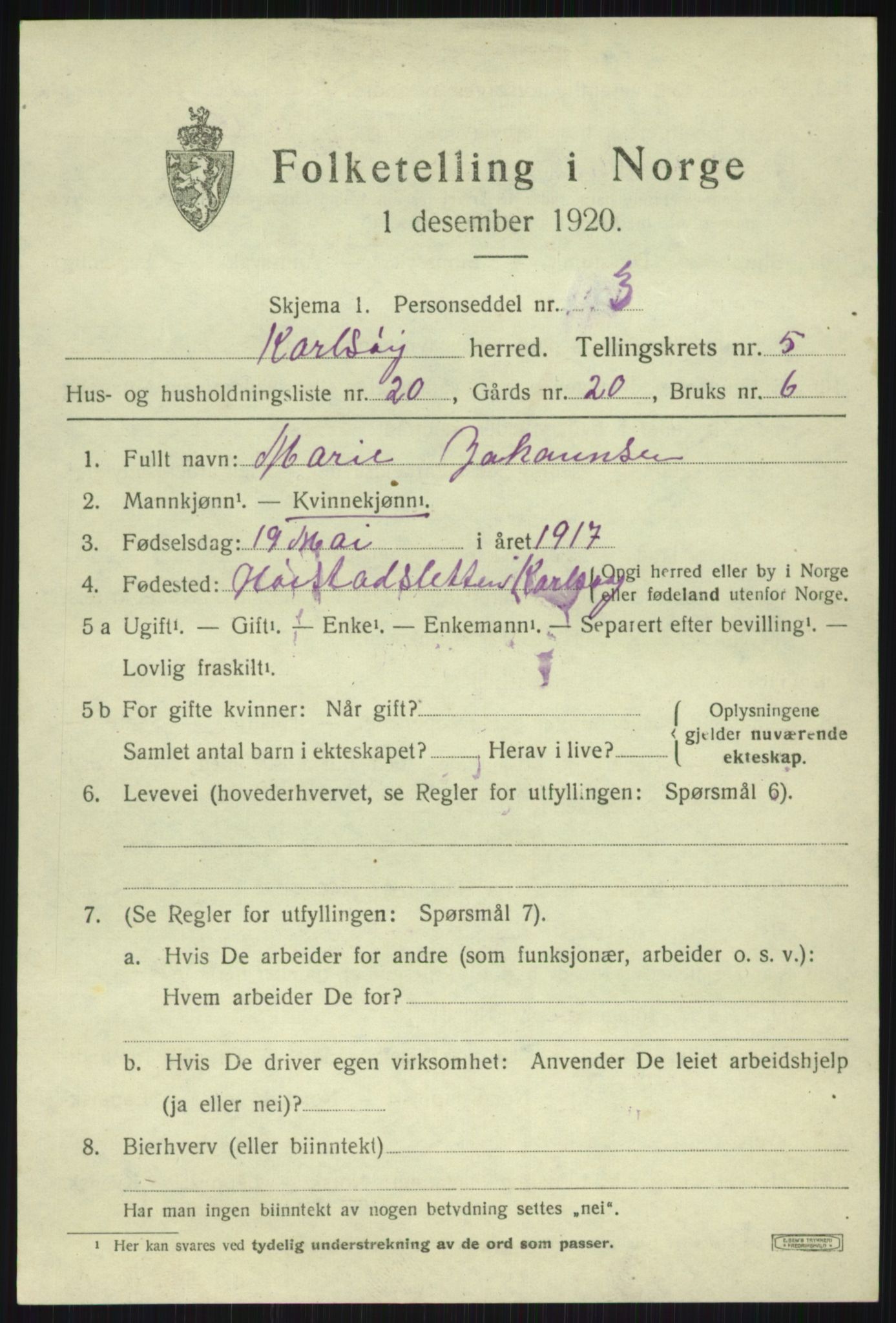 SATØ, 1920 census for Karlsøy, 1920, p. 2449