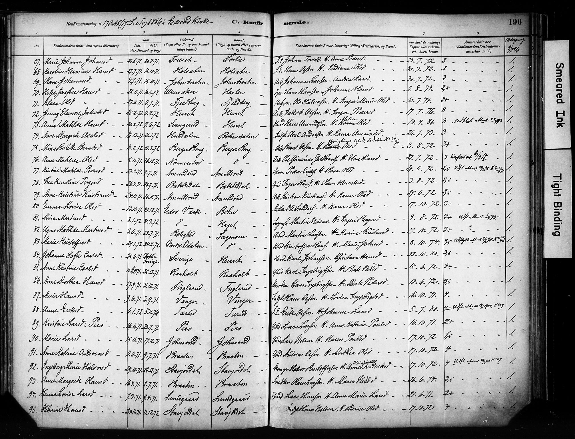 Eidsvoll prestekontor Kirkebøker, SAO/A-10888/F/Fa/L0002: Parish register (official) no. I 2, 1882-1895, p. 196
