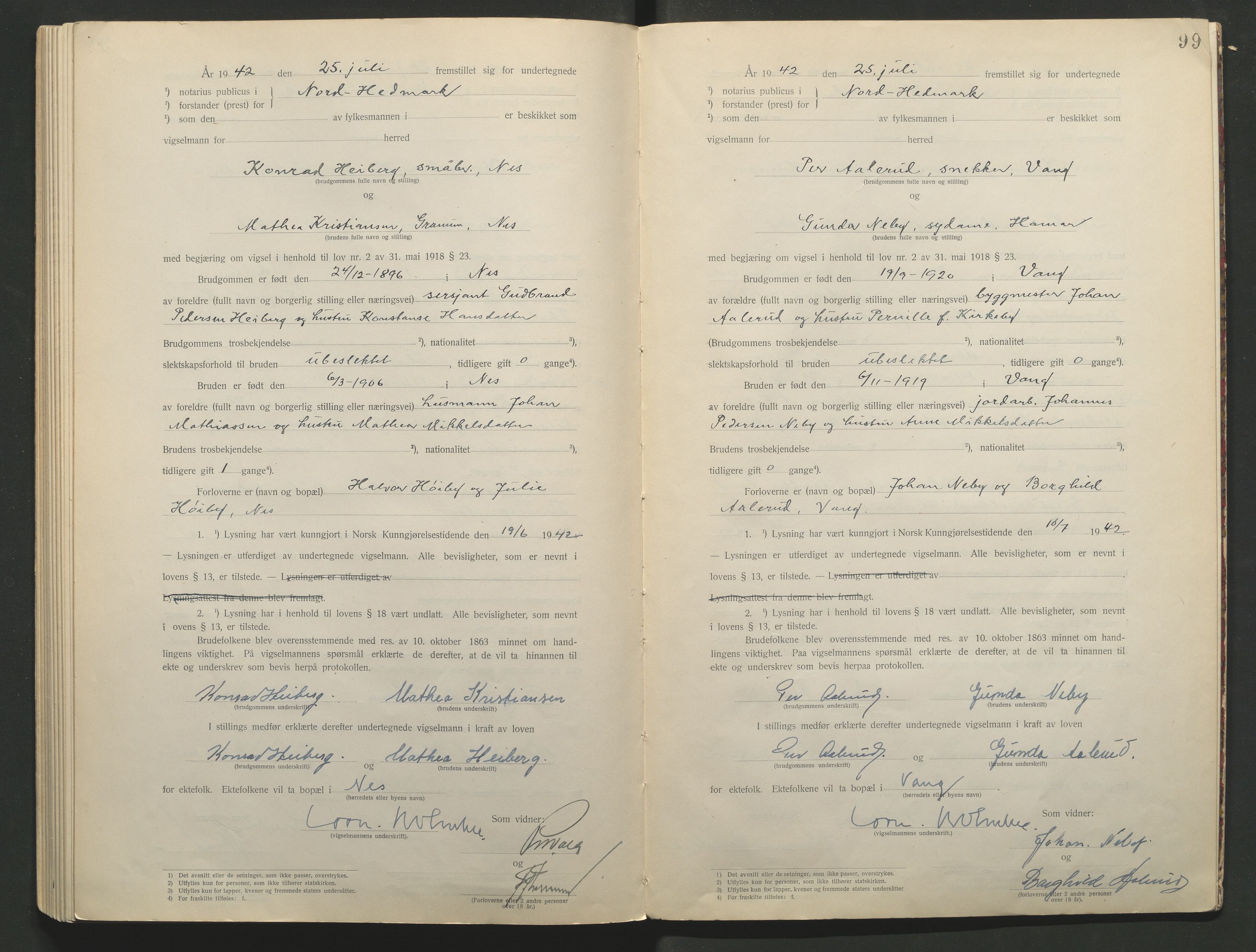 Nord-Hedmark sorenskriveri, AV/SAH-TING-012/L/Lc/L0001/0001: Vigselsprotokoller / Vigselsprotokoll, 1920-1942, p. 99