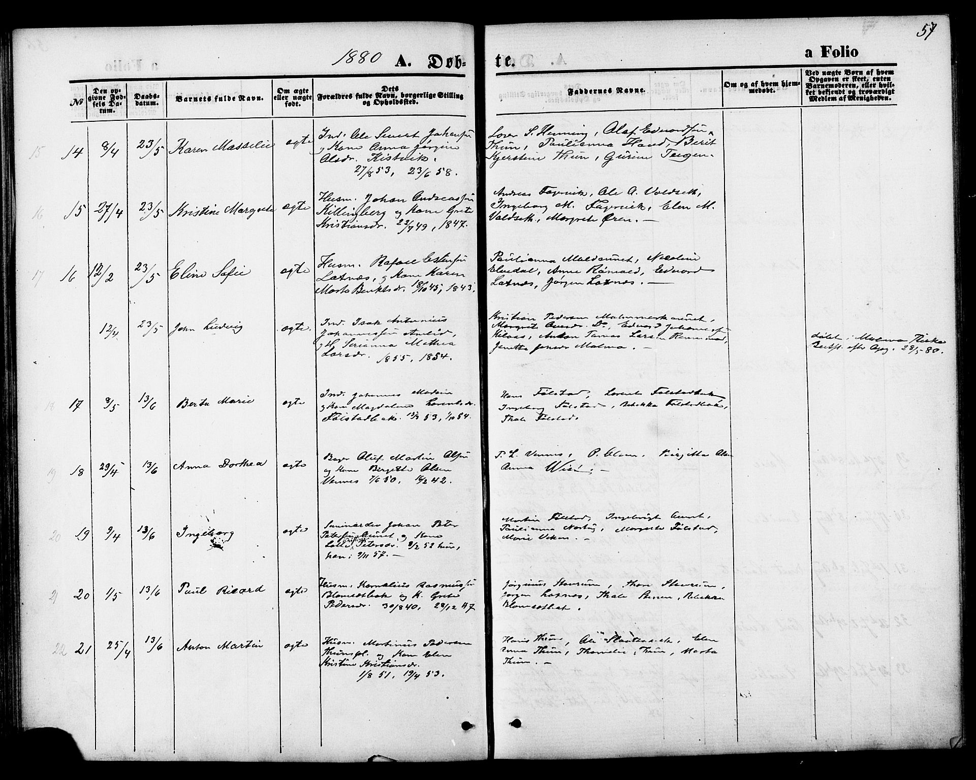 Ministerialprotokoller, klokkerbøker og fødselsregistre - Nord-Trøndelag, SAT/A-1458/744/L0419: Parish register (official) no. 744A03, 1867-1881, p. 57