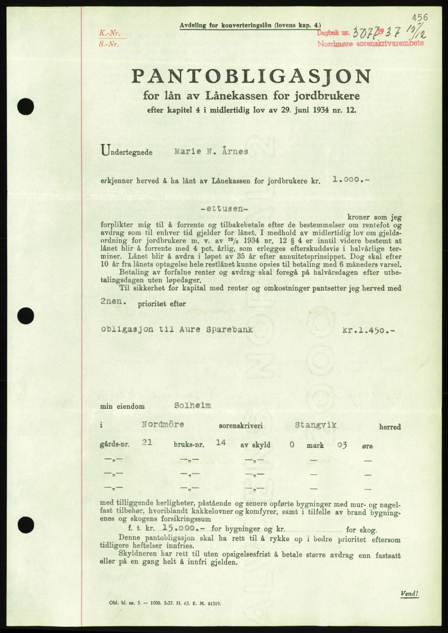 Nordmøre sorenskriveri, AV/SAT-A-4132/1/2/2Ca/L0092: Mortgage book no. B82, 1937-1938, Diary no: : 3077/1937